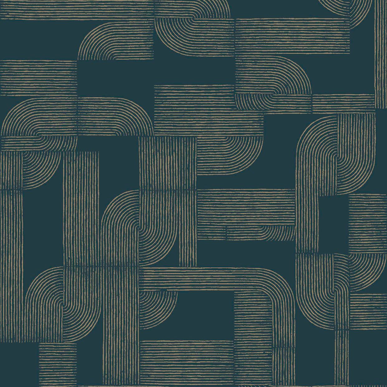 HECTOR Wallpaper with Geometric Pattern - PETROLE/DORE Navy Blue with Gold