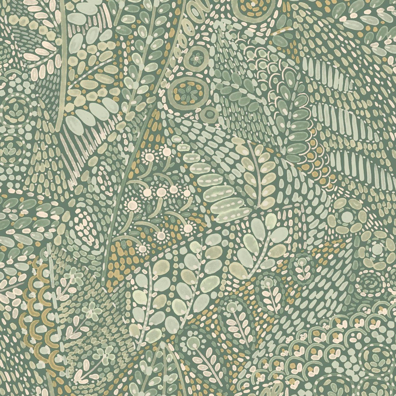 Tapete mit pflanzlichem Blattmotiv TALAVERA - CÉLADON/AMANDE in mintgrün mit Mandel