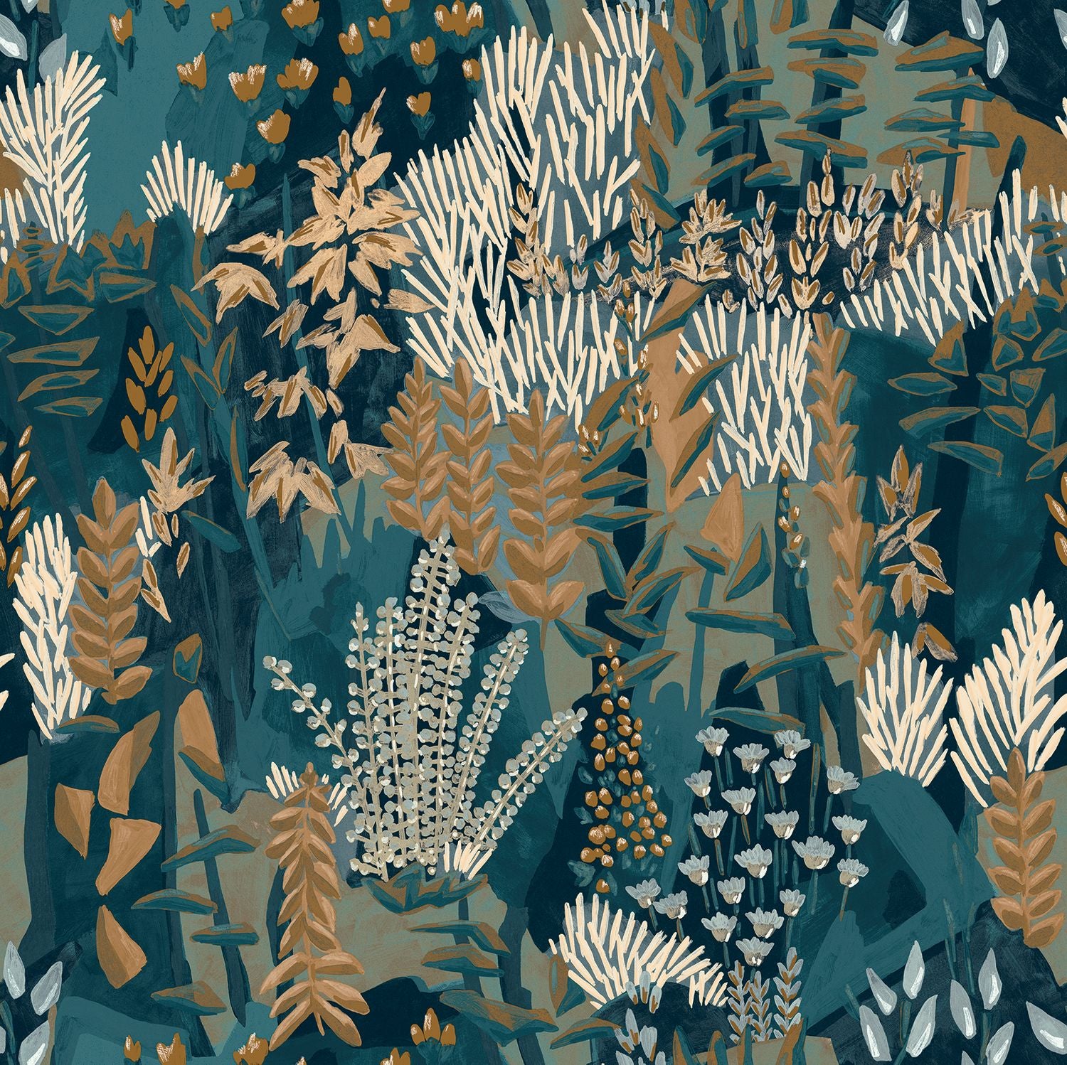 Non-woven wallpaper with a plant motif ERICA - MARINE/DARK GREEN