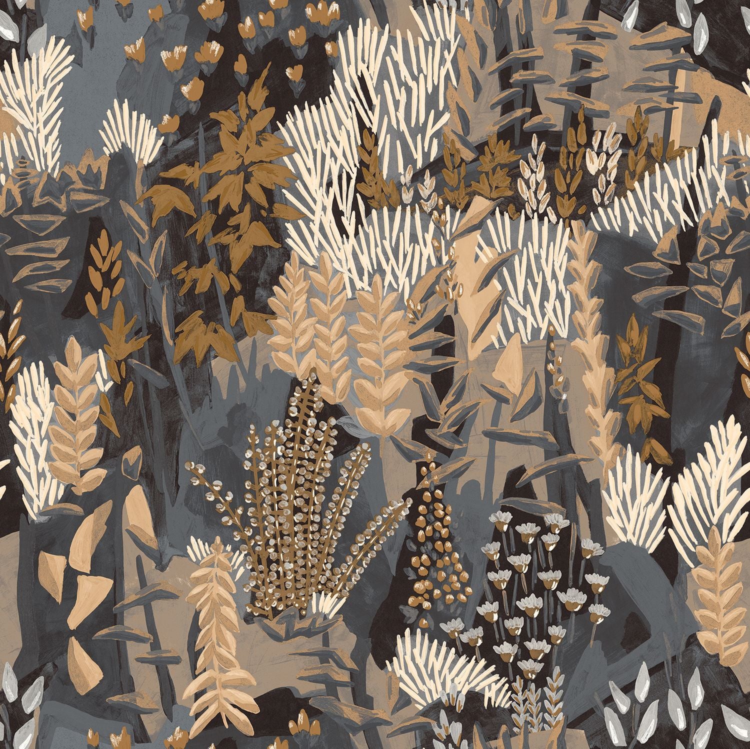 Non-woven wallpaper with a plant motif ERICA - ANTHRACITE/SABLE warm anthracite