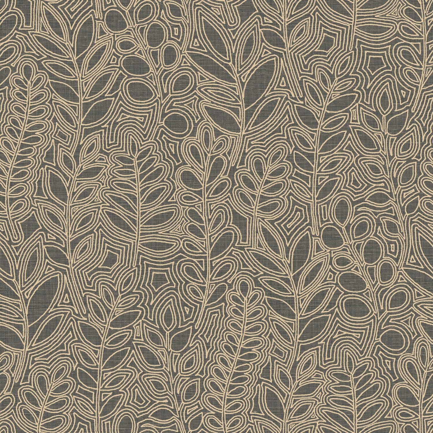 Plant motif wallpaper resembling embroidery ASTRAGALE - ANTHRACITE anthracite with beige