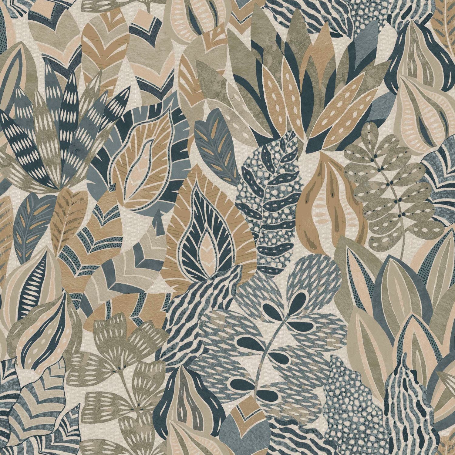 Floral Leaf Wallpaper ALFABIA - PIERRE BLEUE/TRAVERTIN Gray-Blue with Bronze