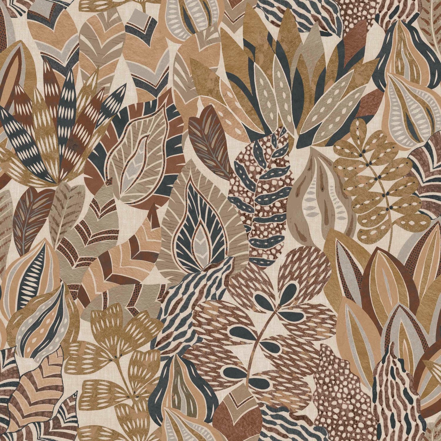 Plant motif wallpaper ALFABIA - ACAJOU/TAUPE red with brown