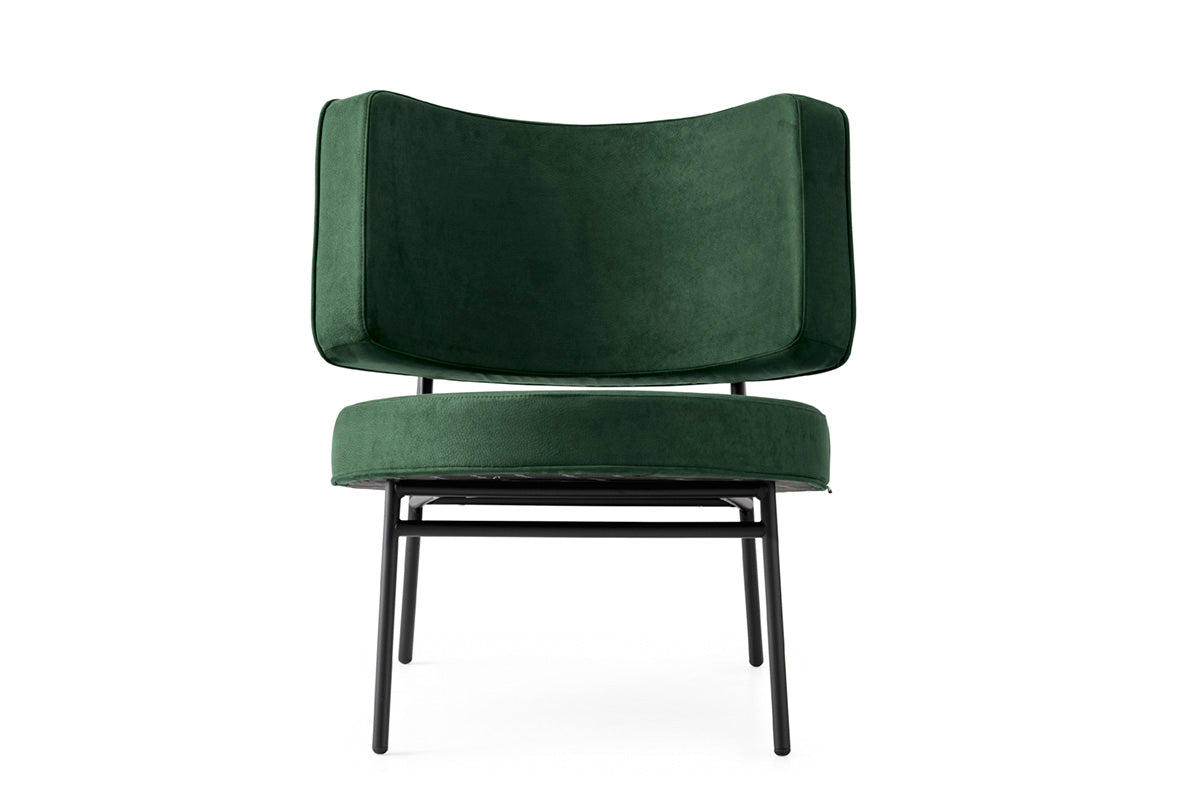 Upholstered COCO armchair with a black base