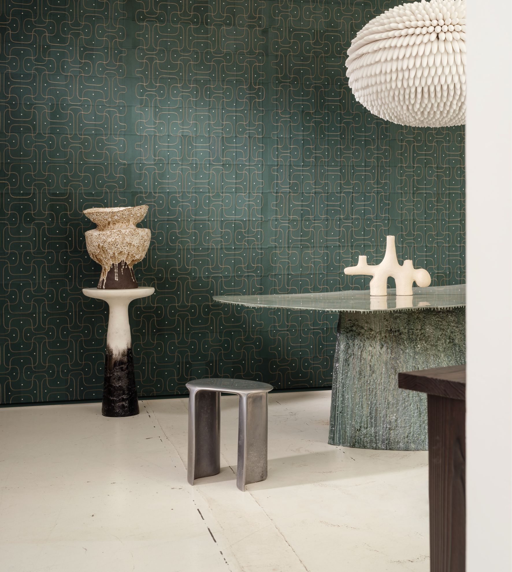 Natural leather wallpaper with geometric pattern JASERAN dark green