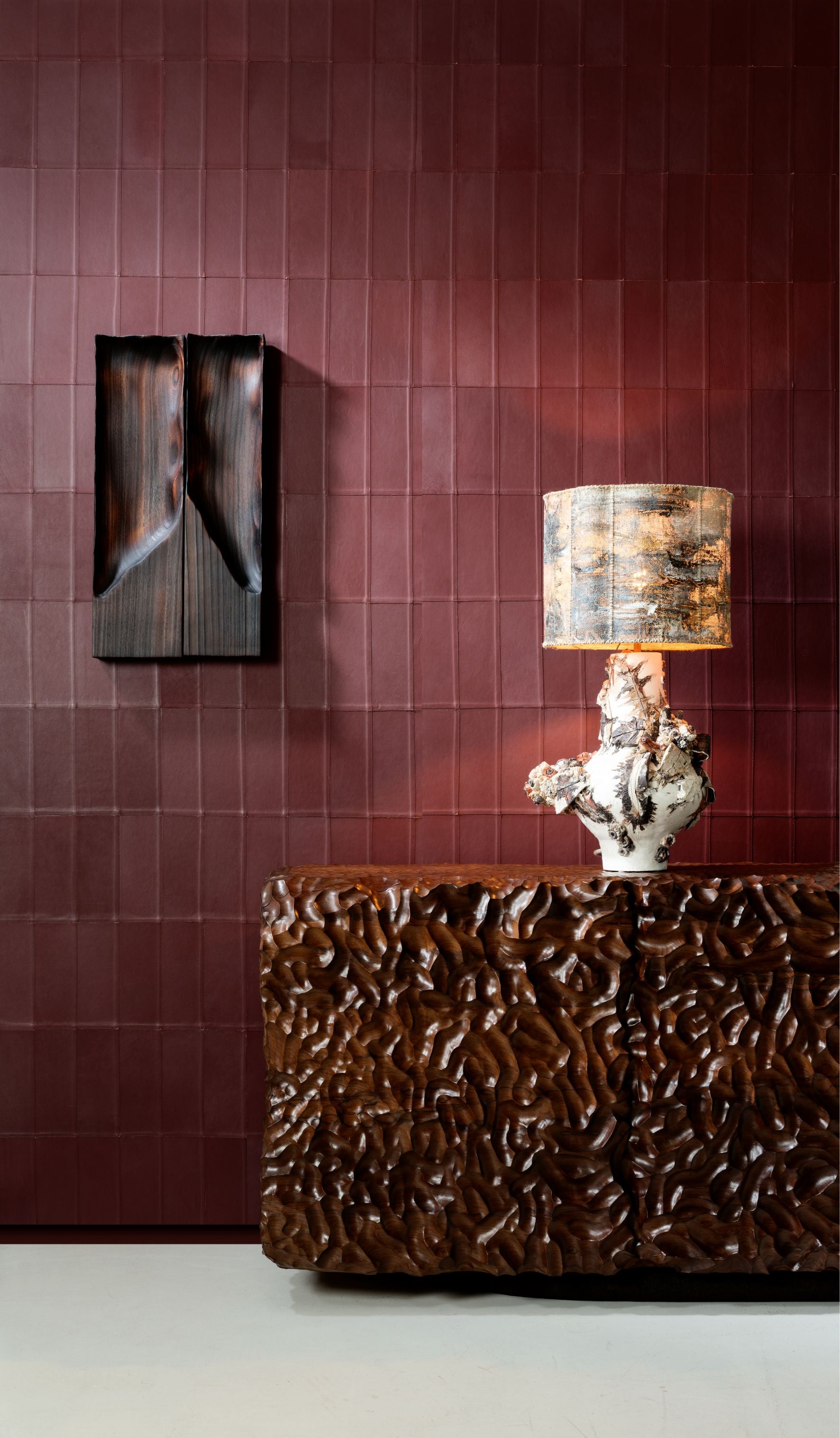 Natural leather wallpaper with geometric pattern PALADIN burgundy