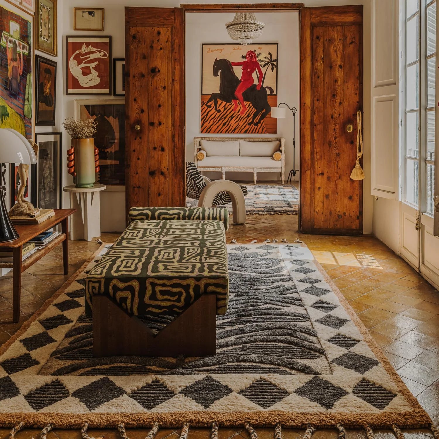 Wollteppich WILDCAT schwarz-beige mit Fransen