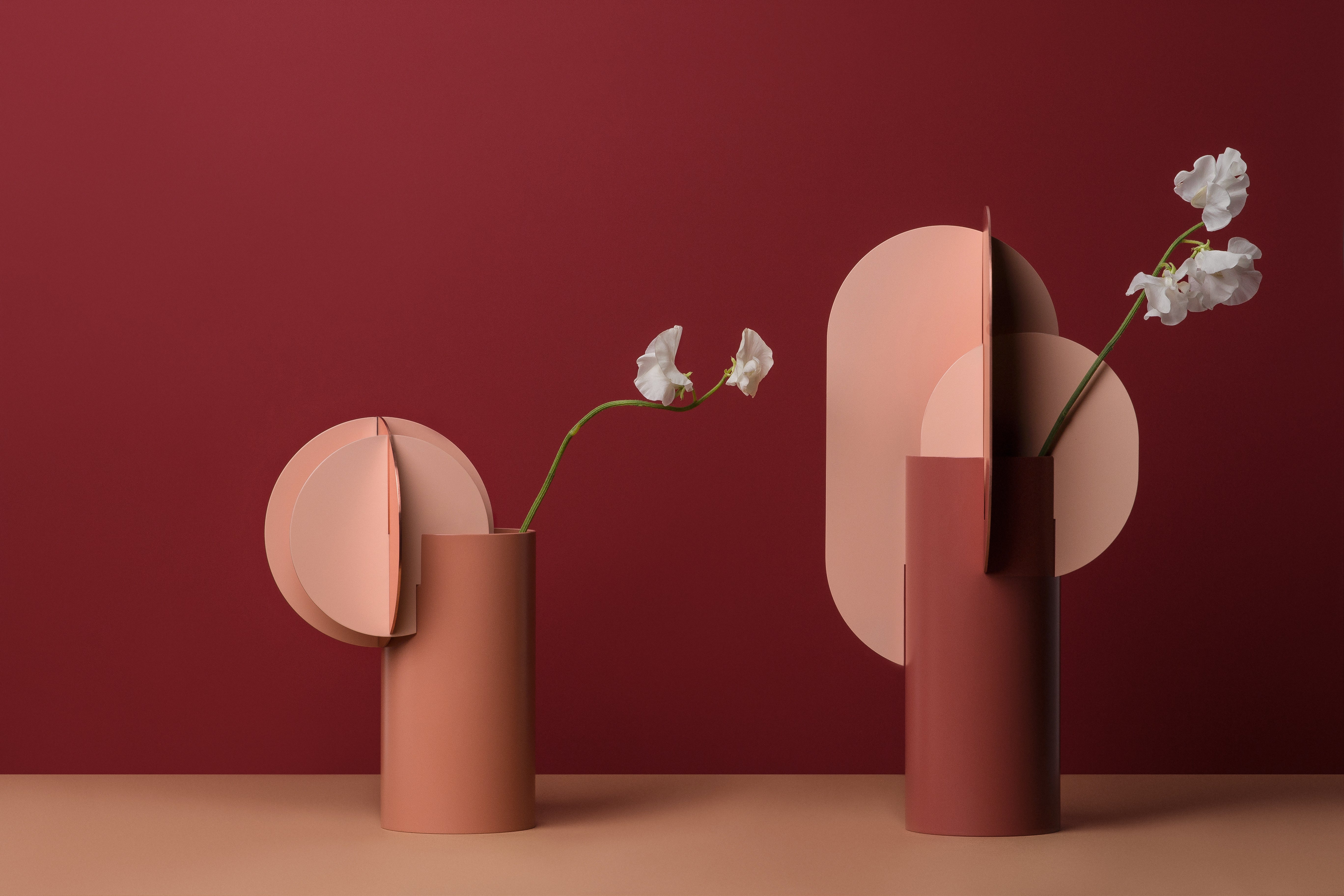 Vase EKSTER aus Ziegel mit pudrigem Rosa und Kupfer