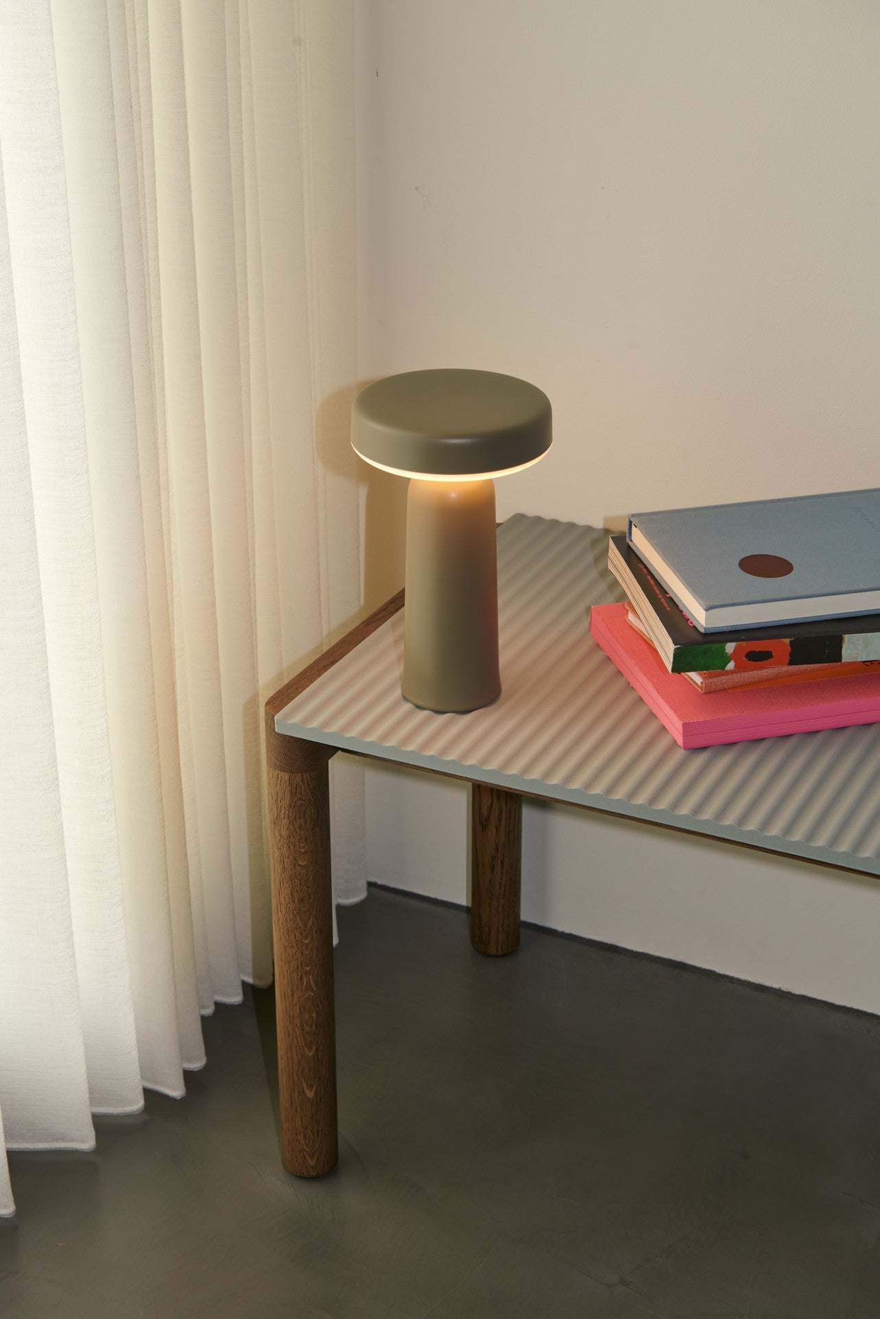 Couple Coffee Table in Sand with Dark Oak Base