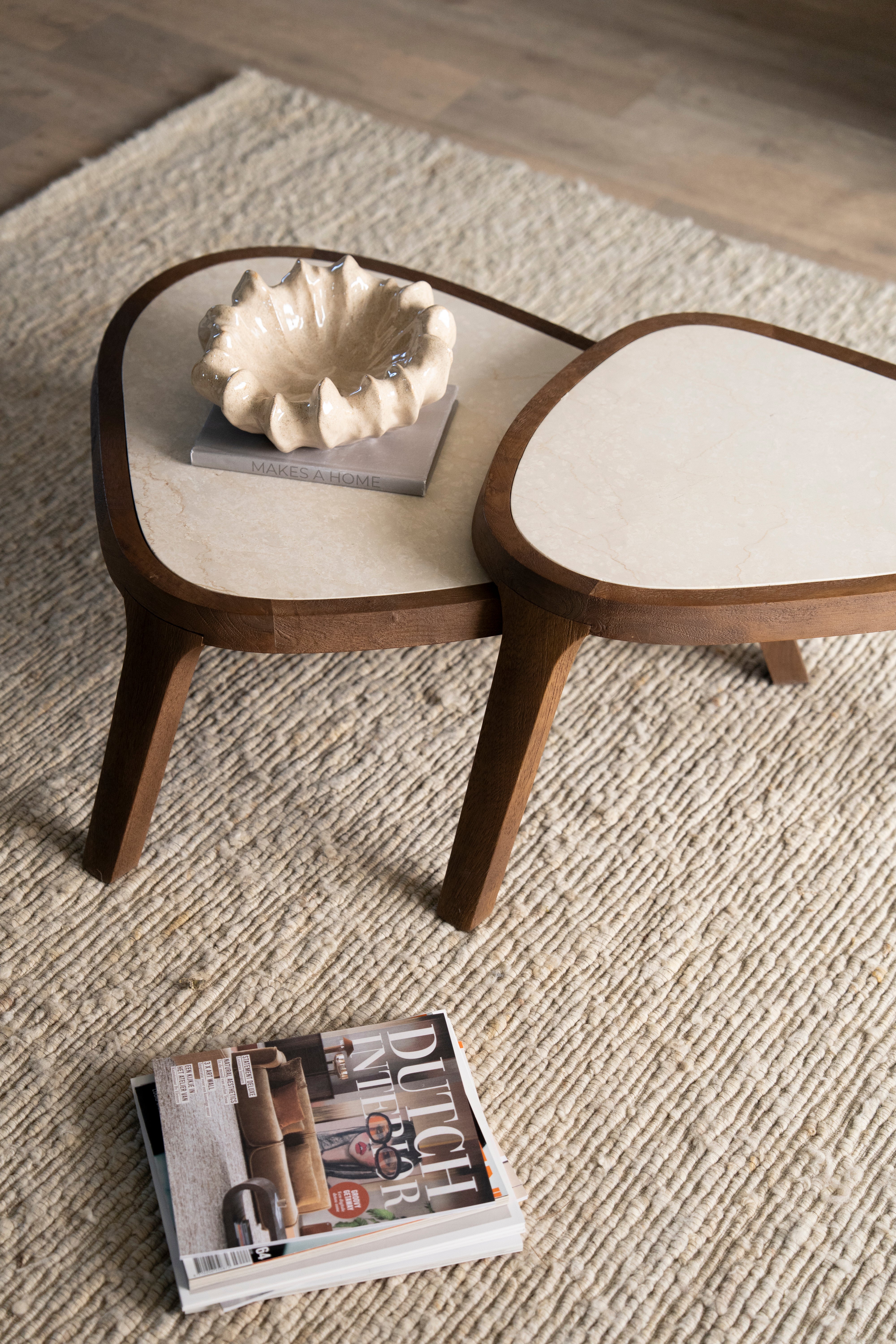 Kaffeetisch FRED cremefarbener Marmor mit Holzgestell