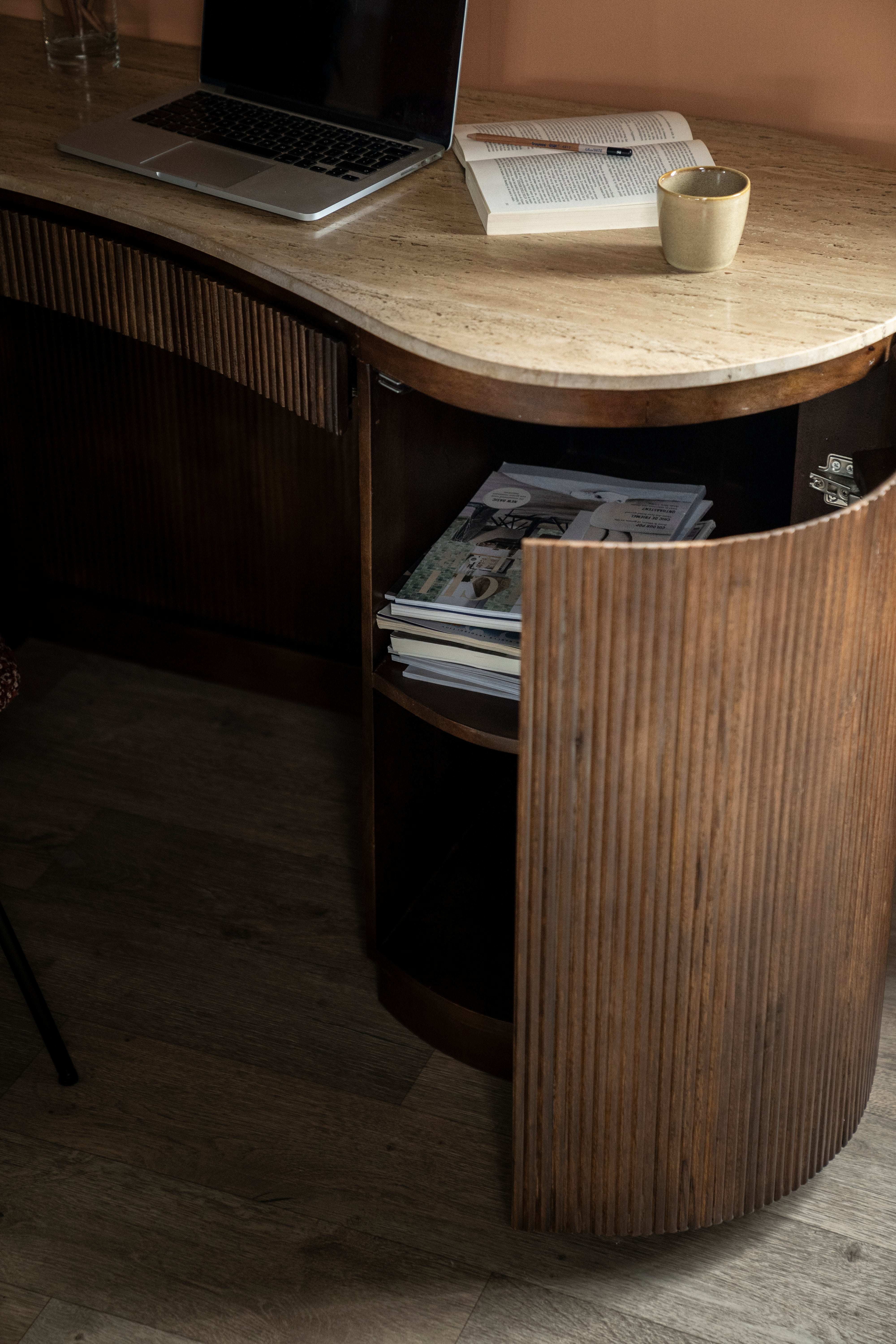 MARI desk made of mango wood with a travertine top