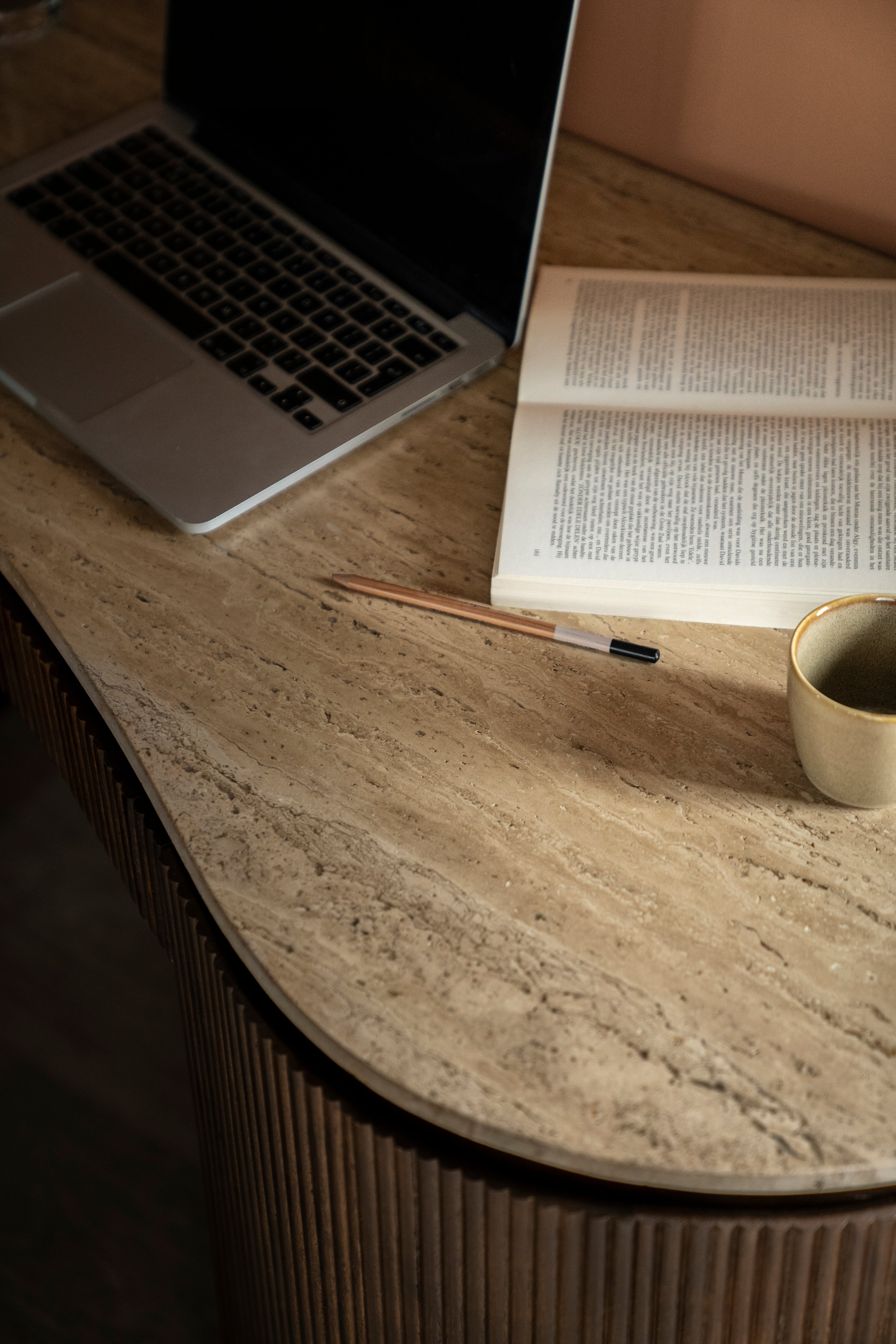 MARI desk made of mango wood with a travertine top