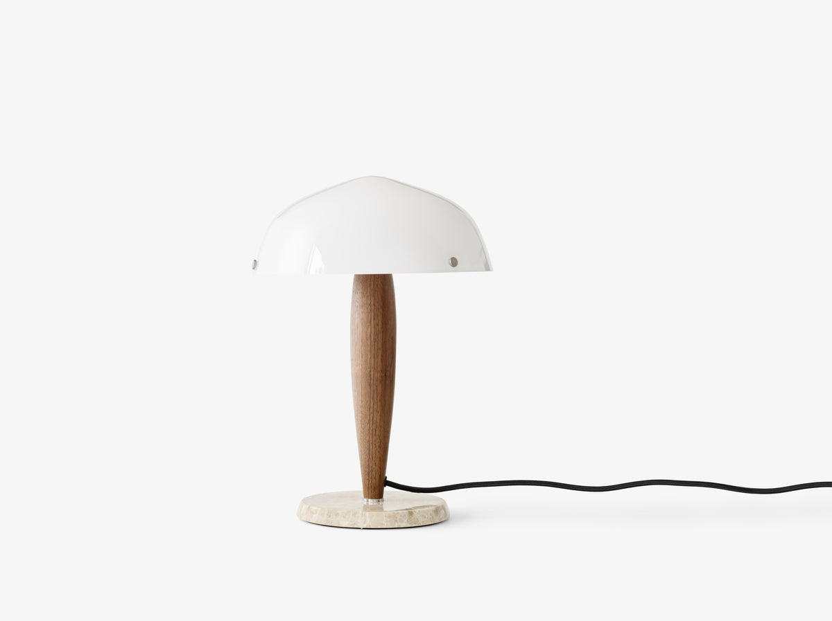 Lampa stołowa HERMAN SHY3 opalowe szkło z orzechowym drewnem i kremową marmurową podstawą