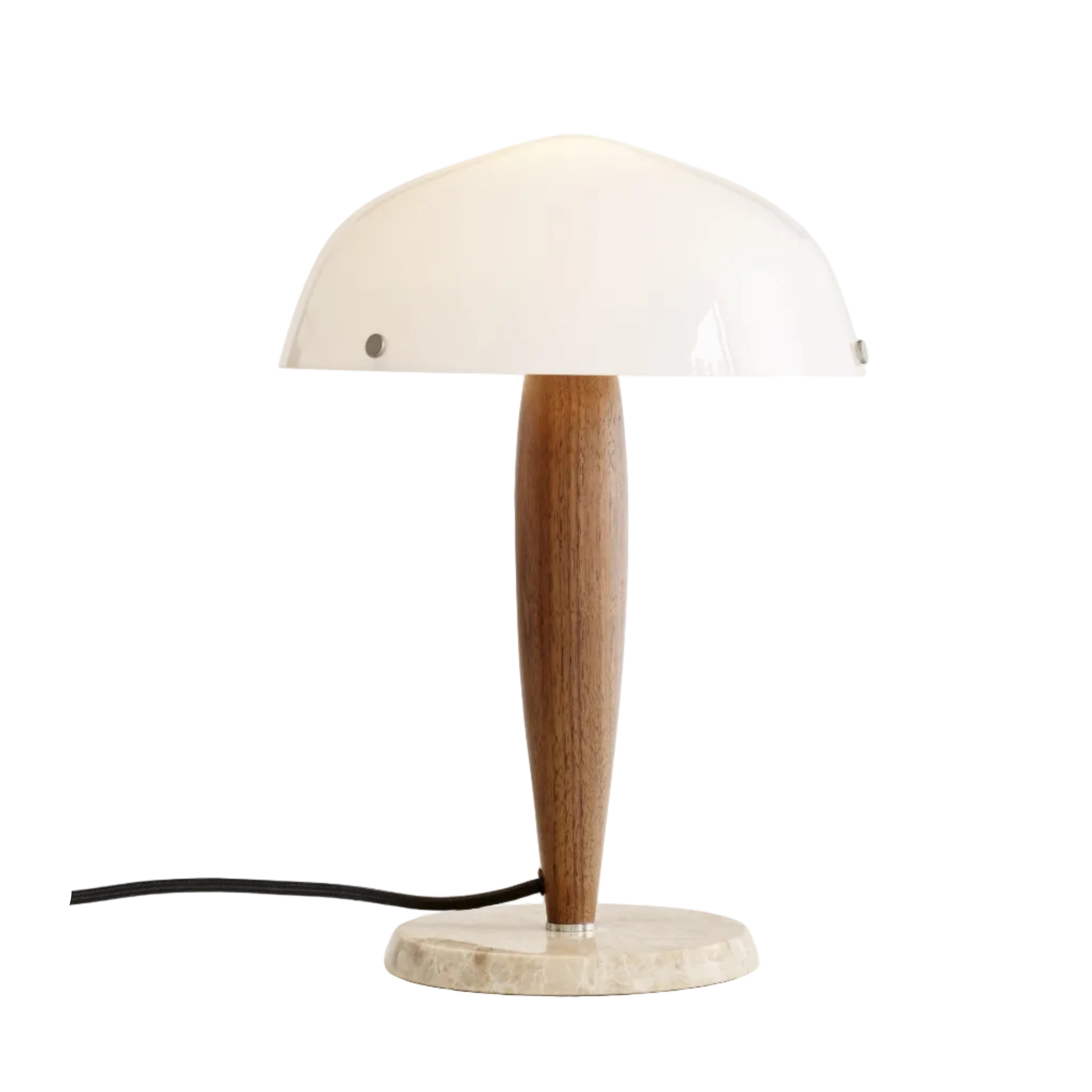 Lampa stołowa HERMAN SHY3 opalowe szkło z orzechowym drewnem i kremową marmurową podstawą