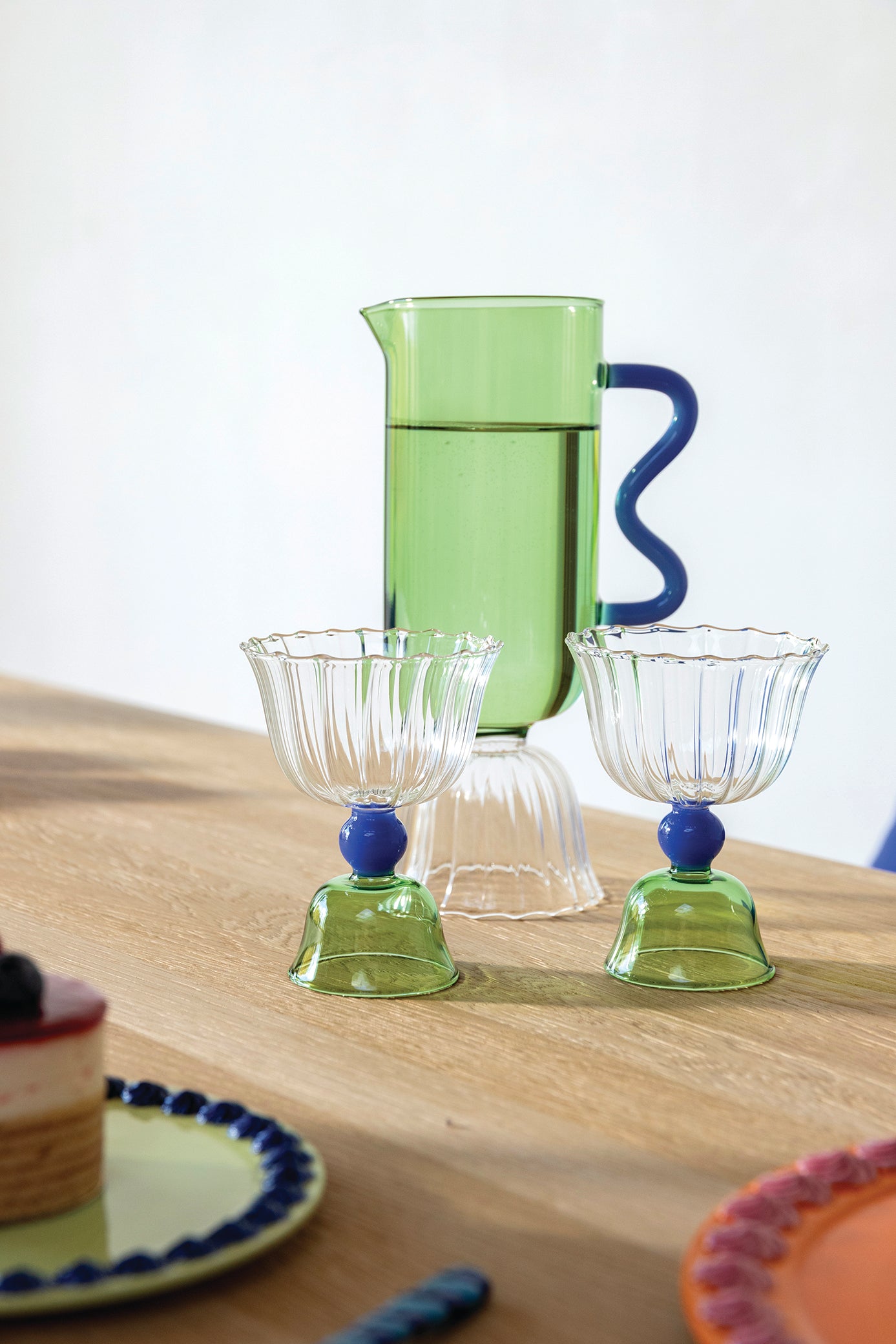 Set of Tulip Glasses in Green with Blue
