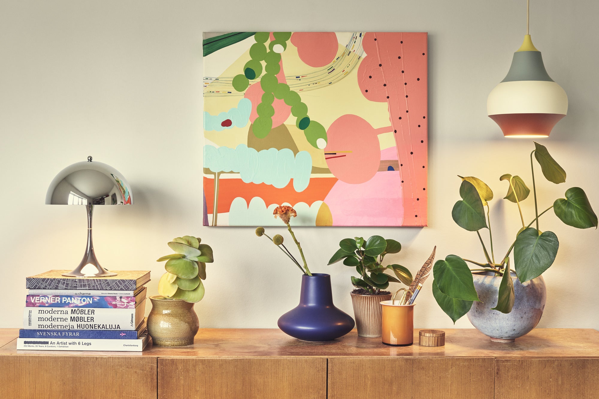 Lampa wisząca CIRQUE miedziano-biało-niebieski z żółtą końcówką