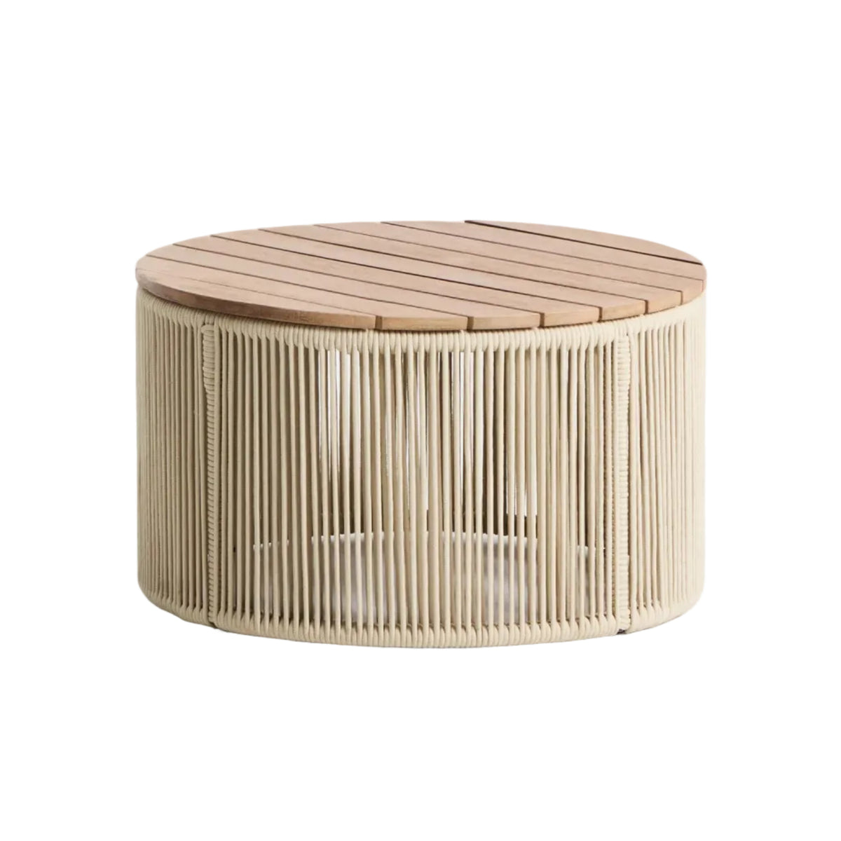 Stolik kawowy ogrodowy DANDARA lina ecru z blatem z litej akacji – Kave Home
