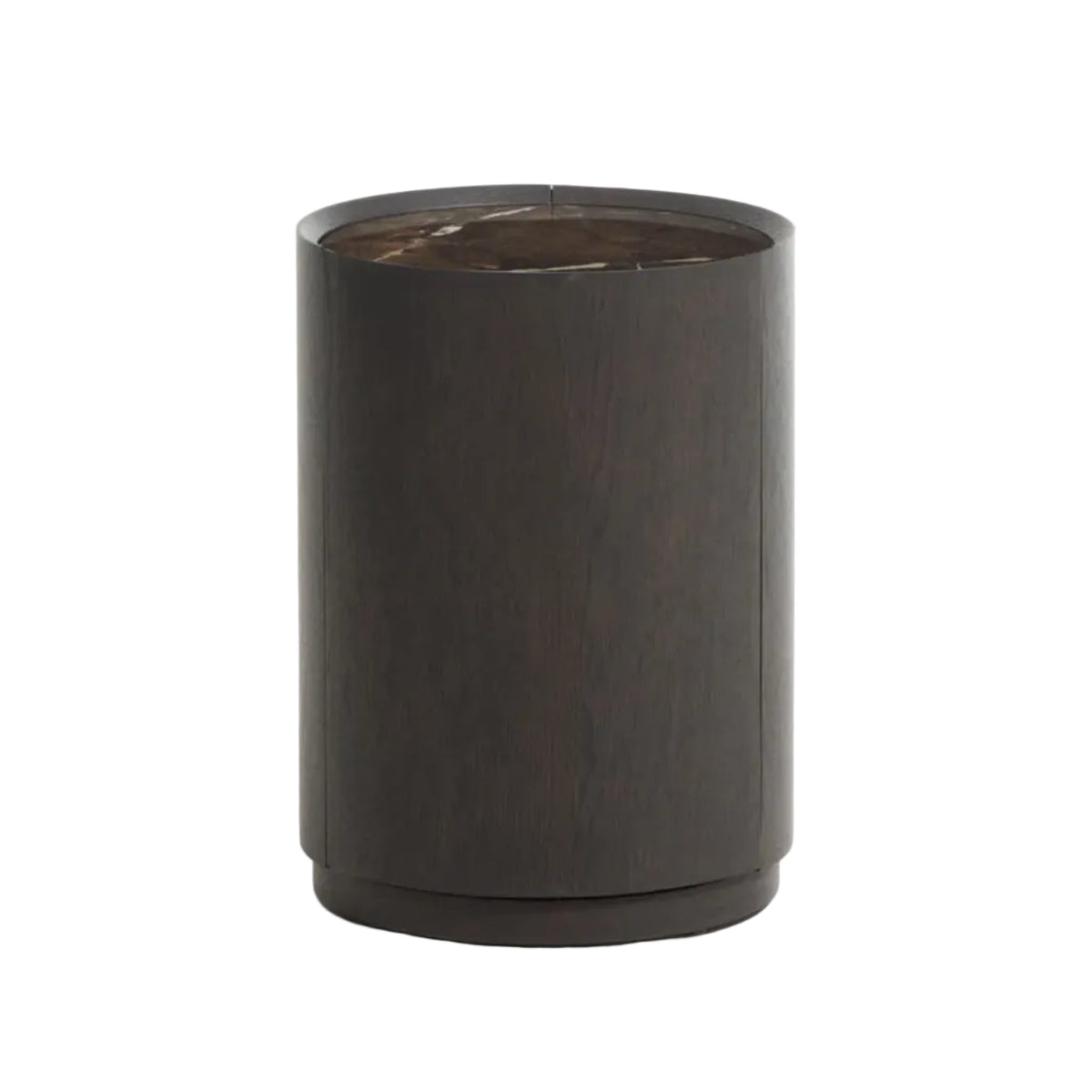 Szafka nocna okrągła NEMORE z szufladą ciemny fornir dębowy z ceramicznym blatem – Kave Home