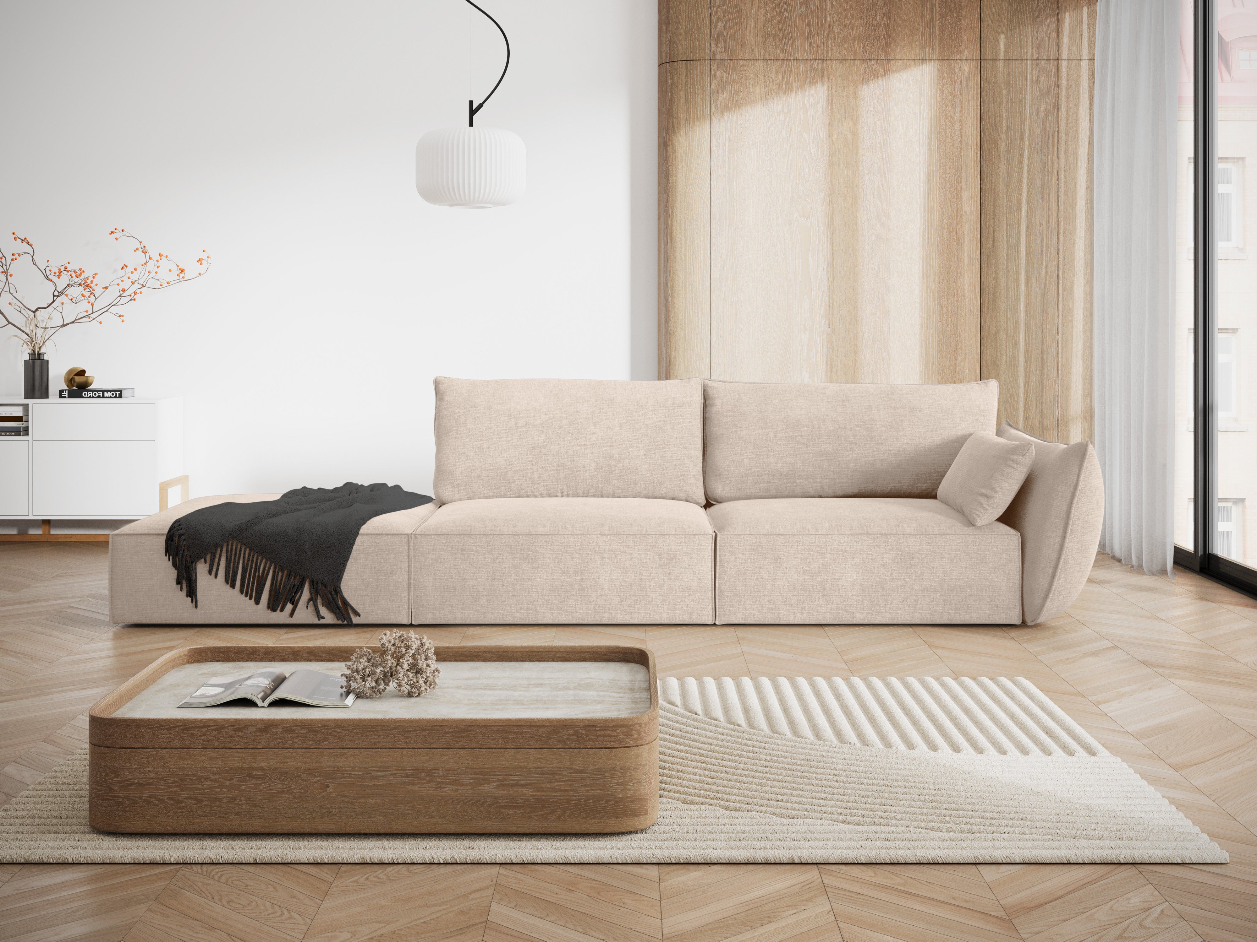Sofa w tkaninie szenilowej lewostronna otwarta VANDA beżowy