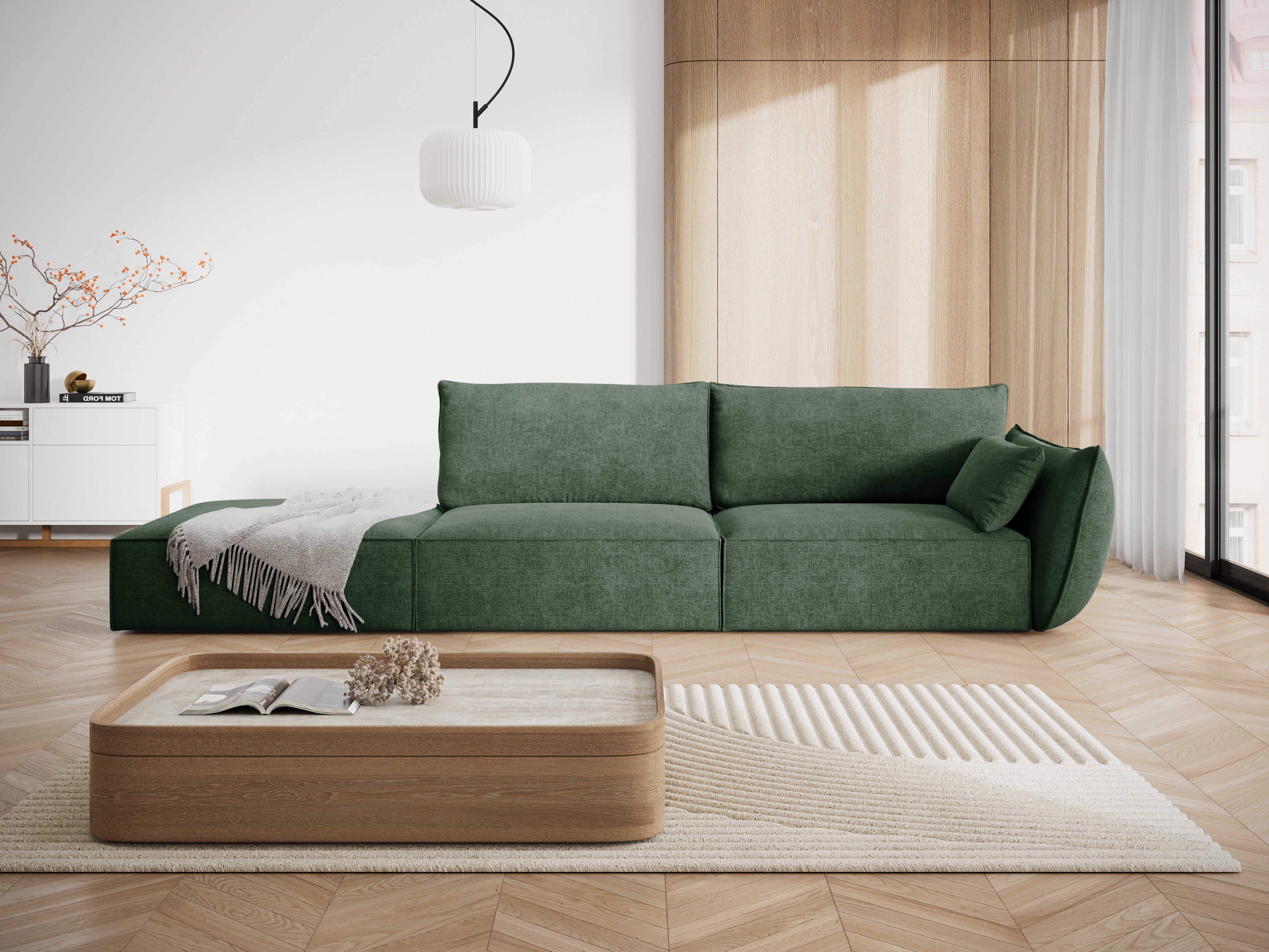 Sofa w tkaninie szenilowej lewostronna otwarta VANDA butelkowa zieleń
