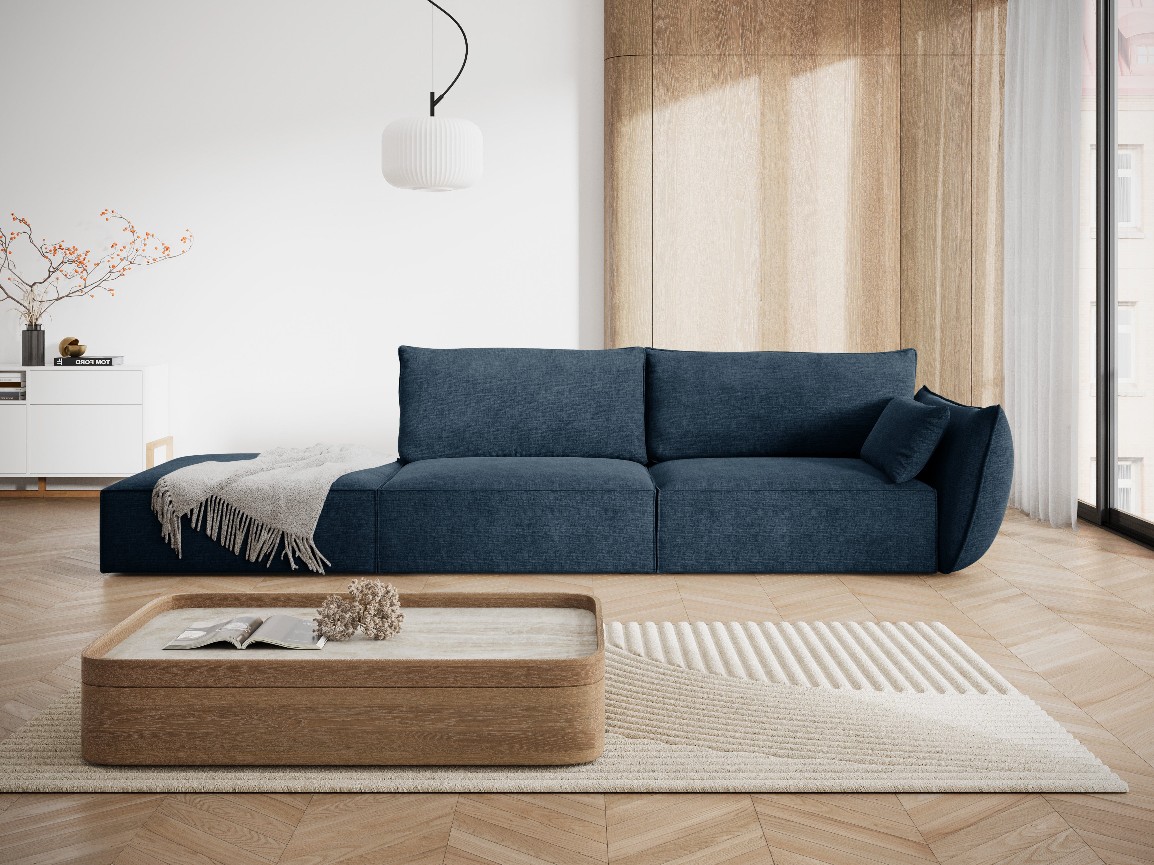 Sofa w tkaninie szenilowej lewostronna otwarta VANDA granat królewski