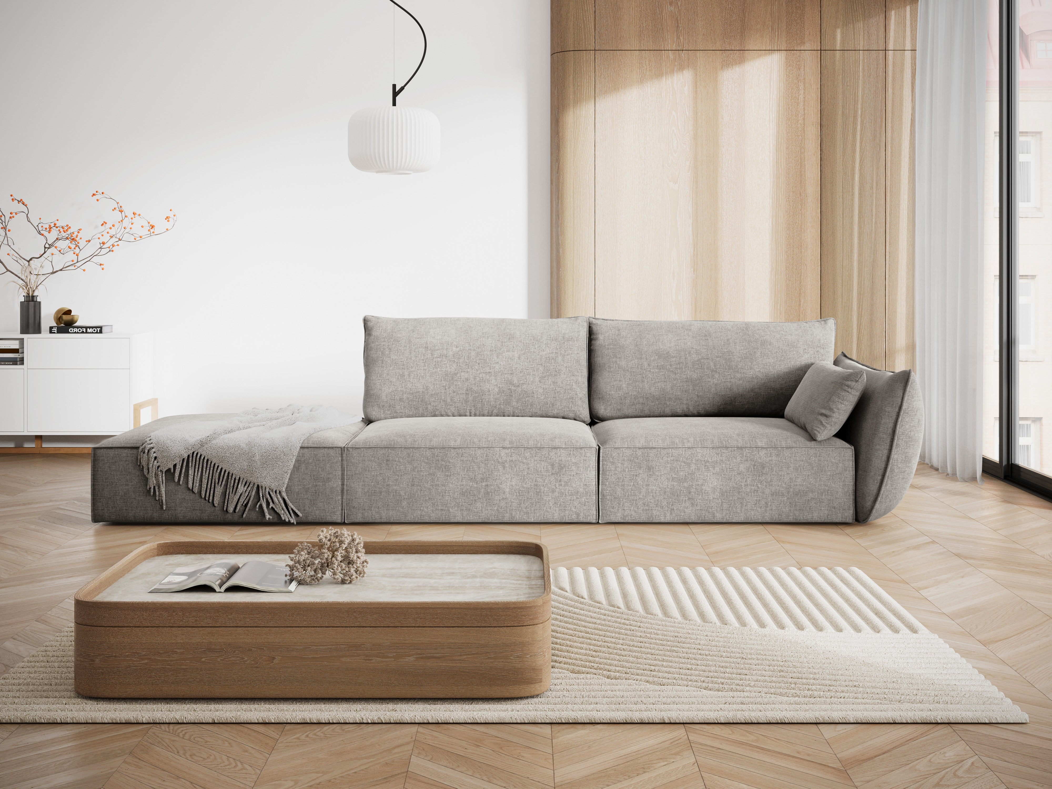 Sofa w tkaninie szenilowej lewostronna otwarta VANDA jasnoszary
