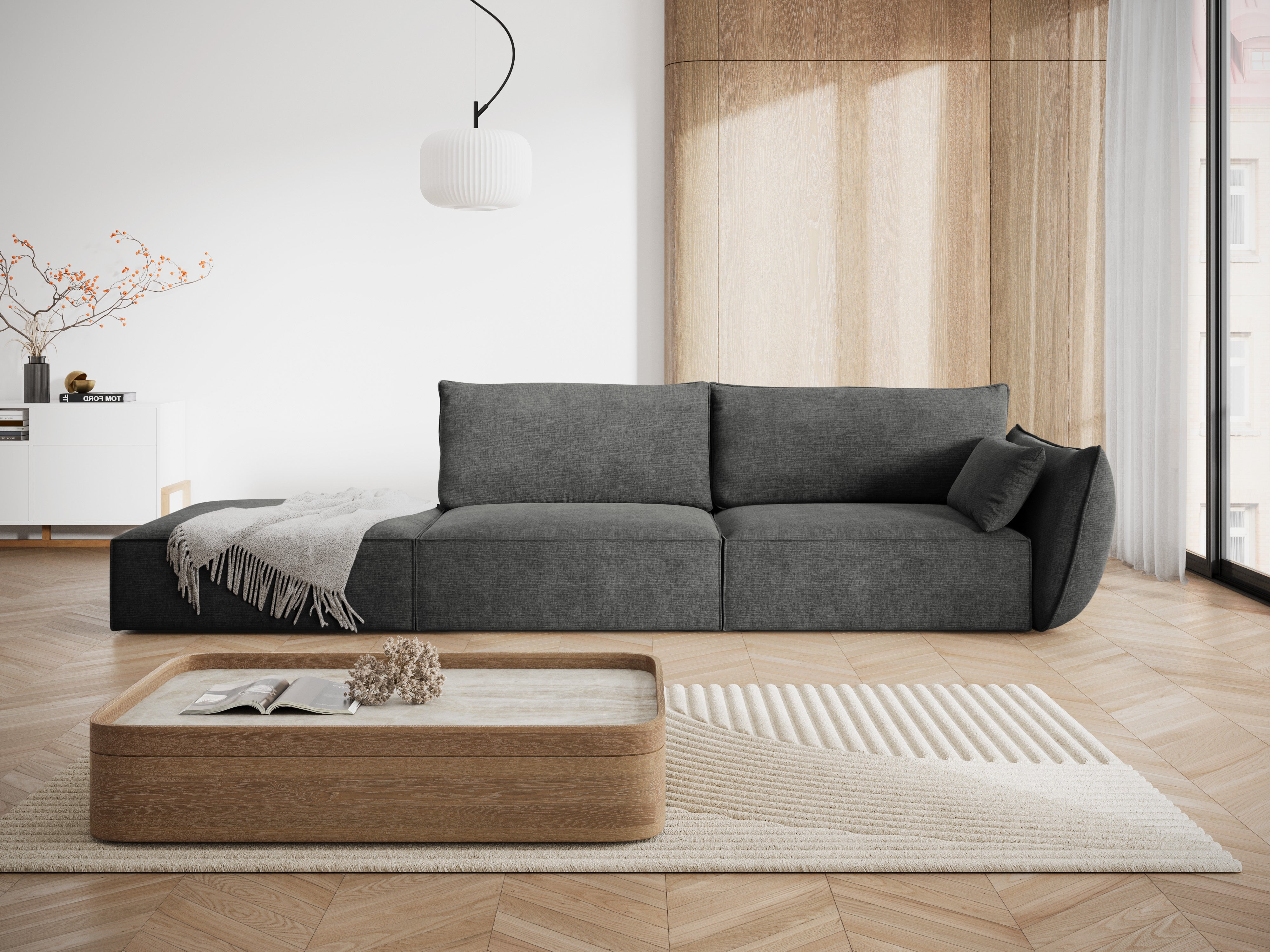 Sofa w tkaninie szenilowej lewostronna otwarta VANDA ciemnoszary