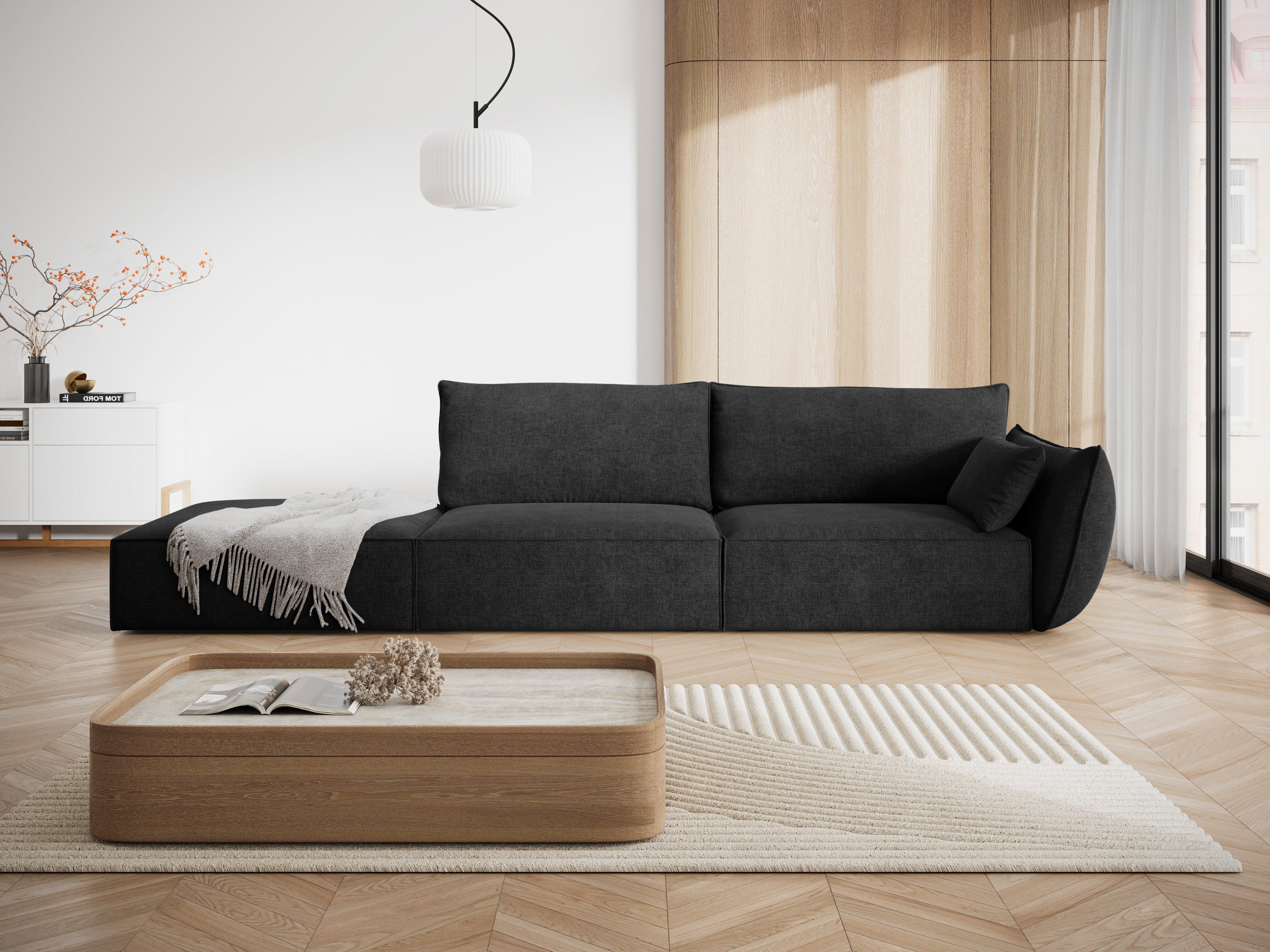 Sofa w tkaninie szenilowej lewostronna otwarta VANDA czarny