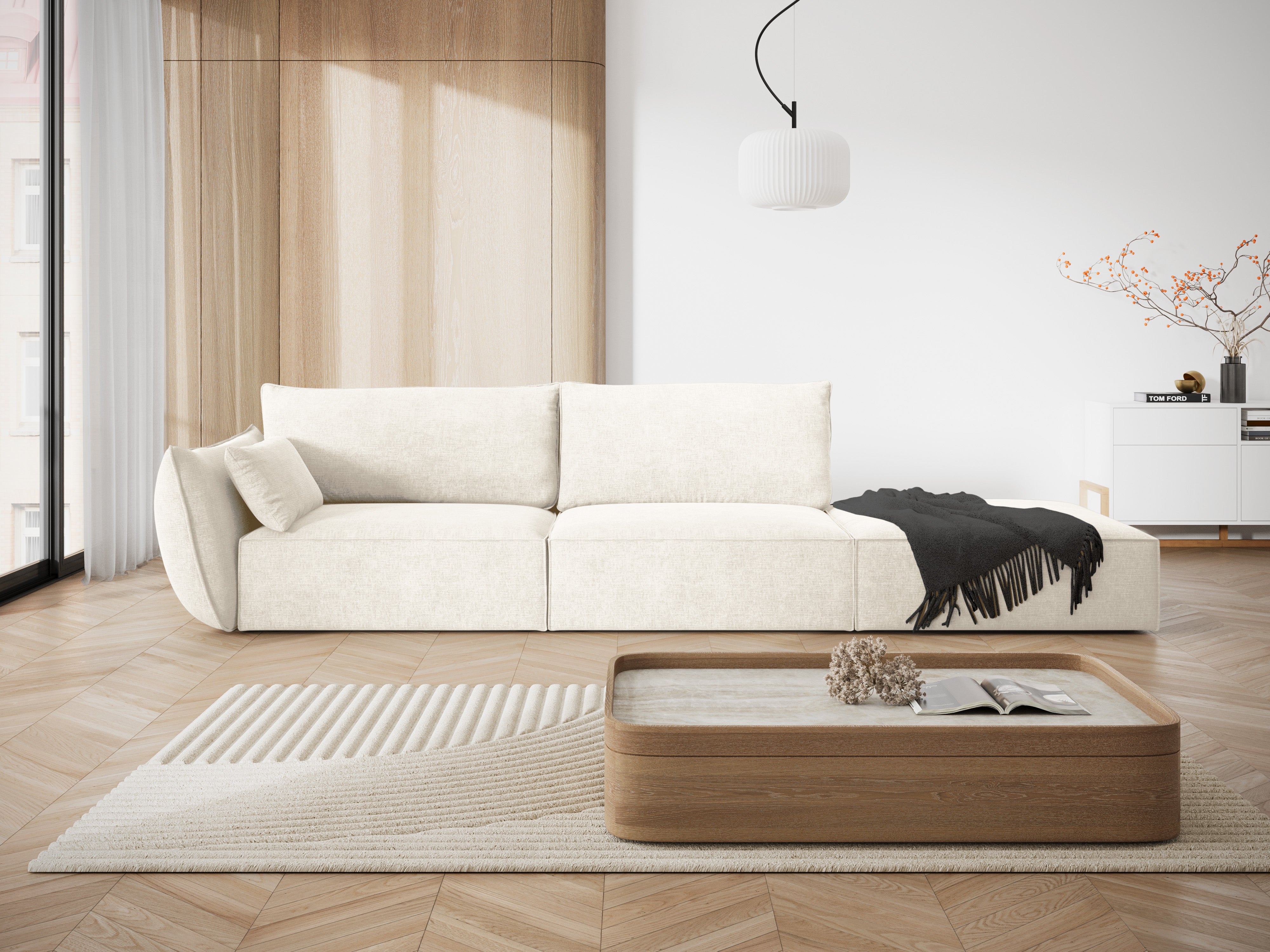 Sofa w tkaninie szenilowej prawostronna otwarta VANDA jasnobeżowy