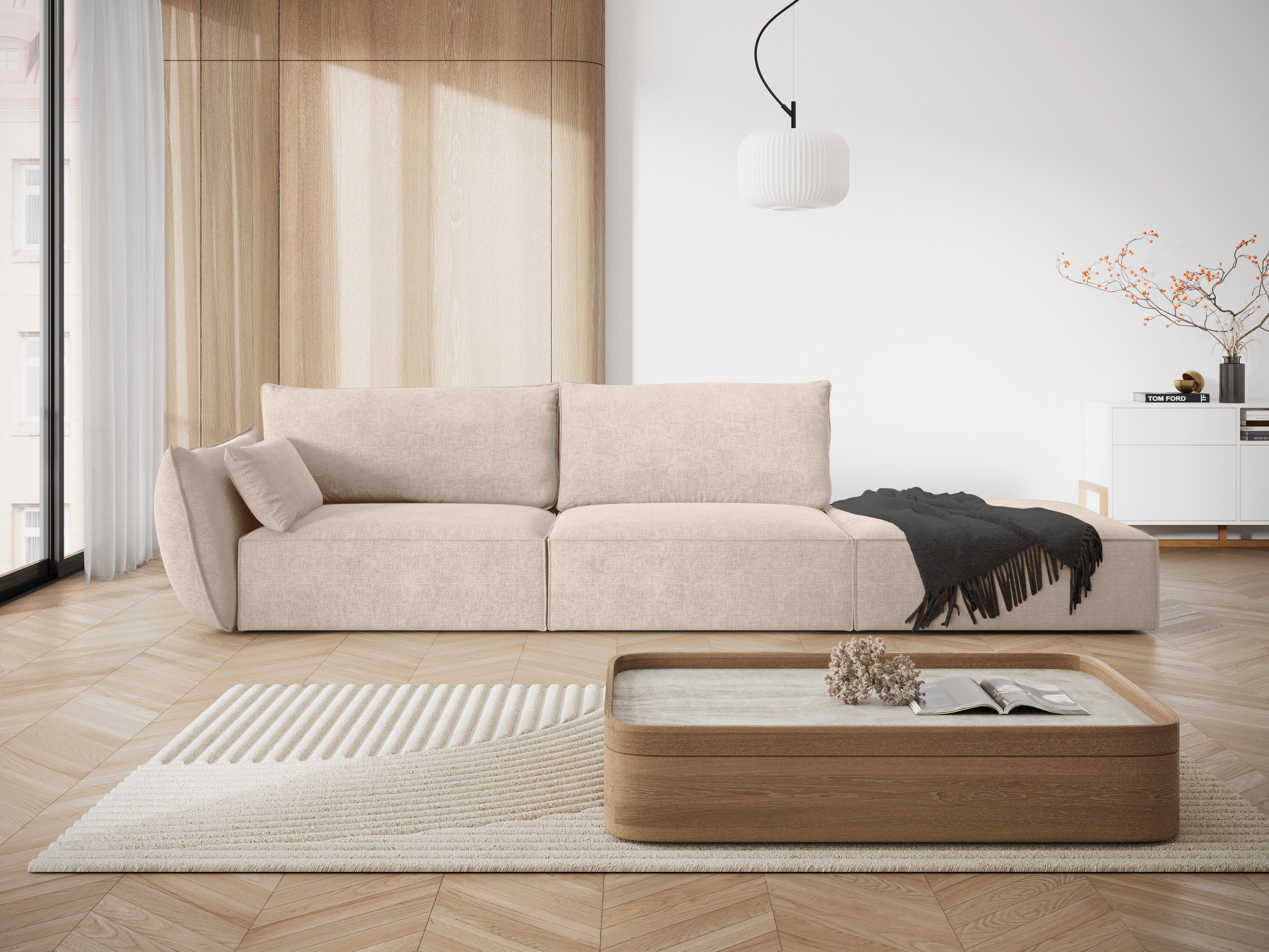 Sofa w tkaninie szenilowej prawostronna otwarta VANDA beżowy