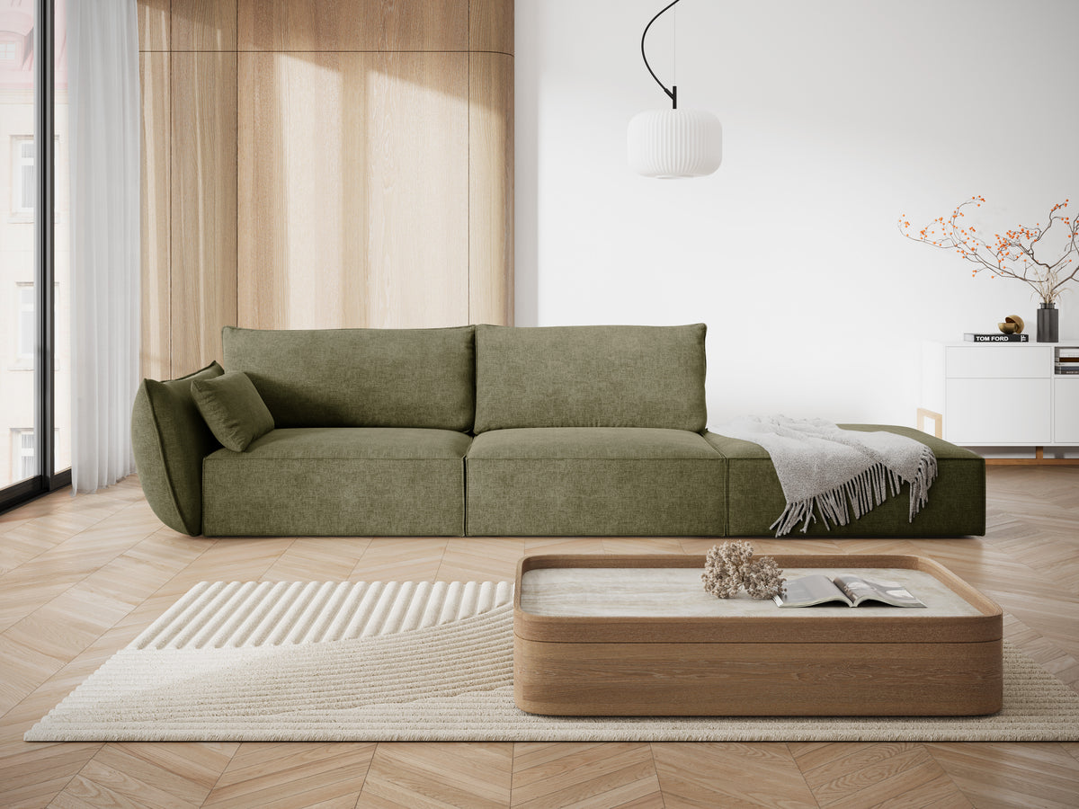 Sofa w tkaninie szenilowej prawostronna otwarta VANDA zielony