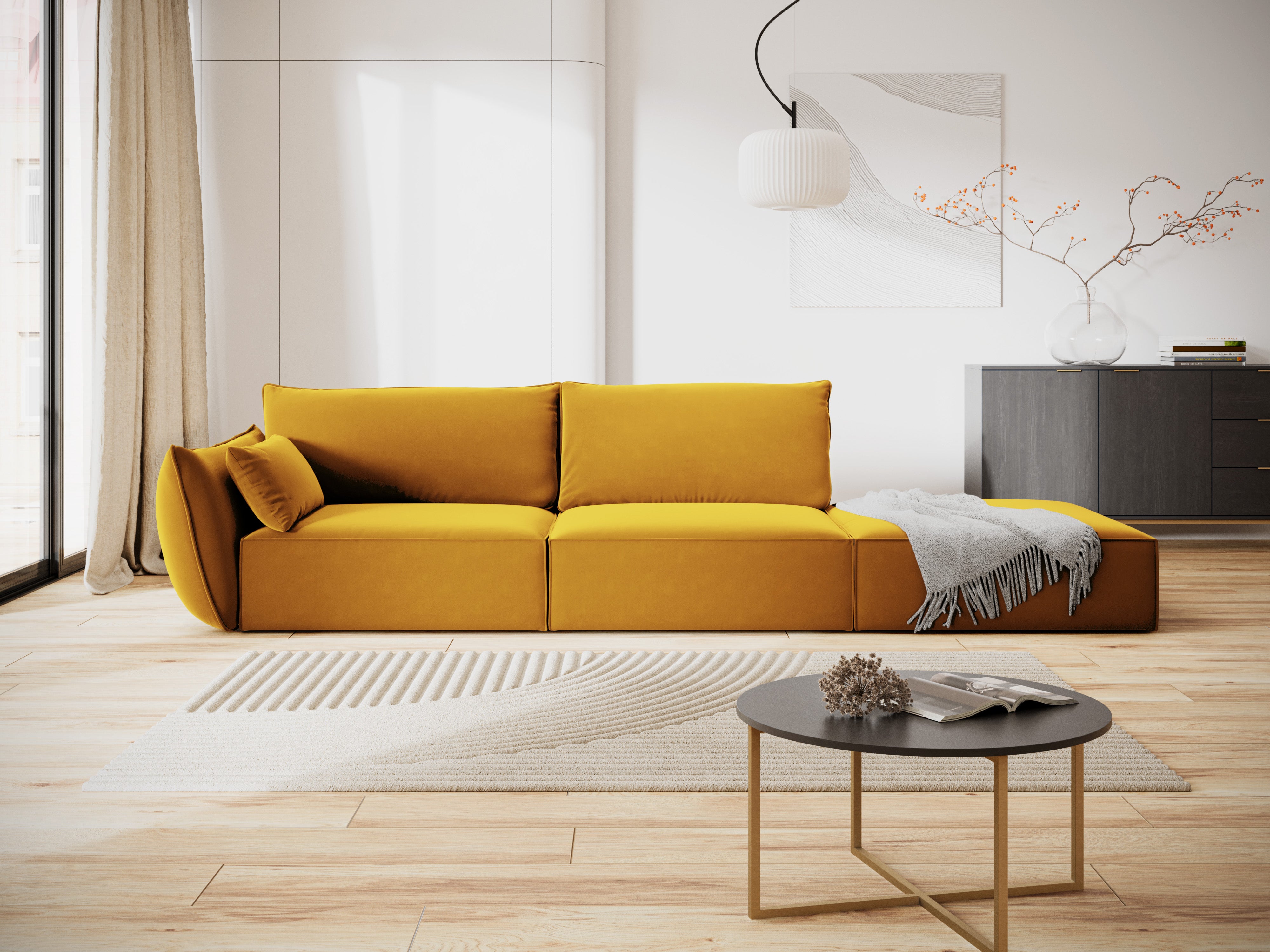 Sofa aksamitna prawostronna otwarta VANDA musztardowy