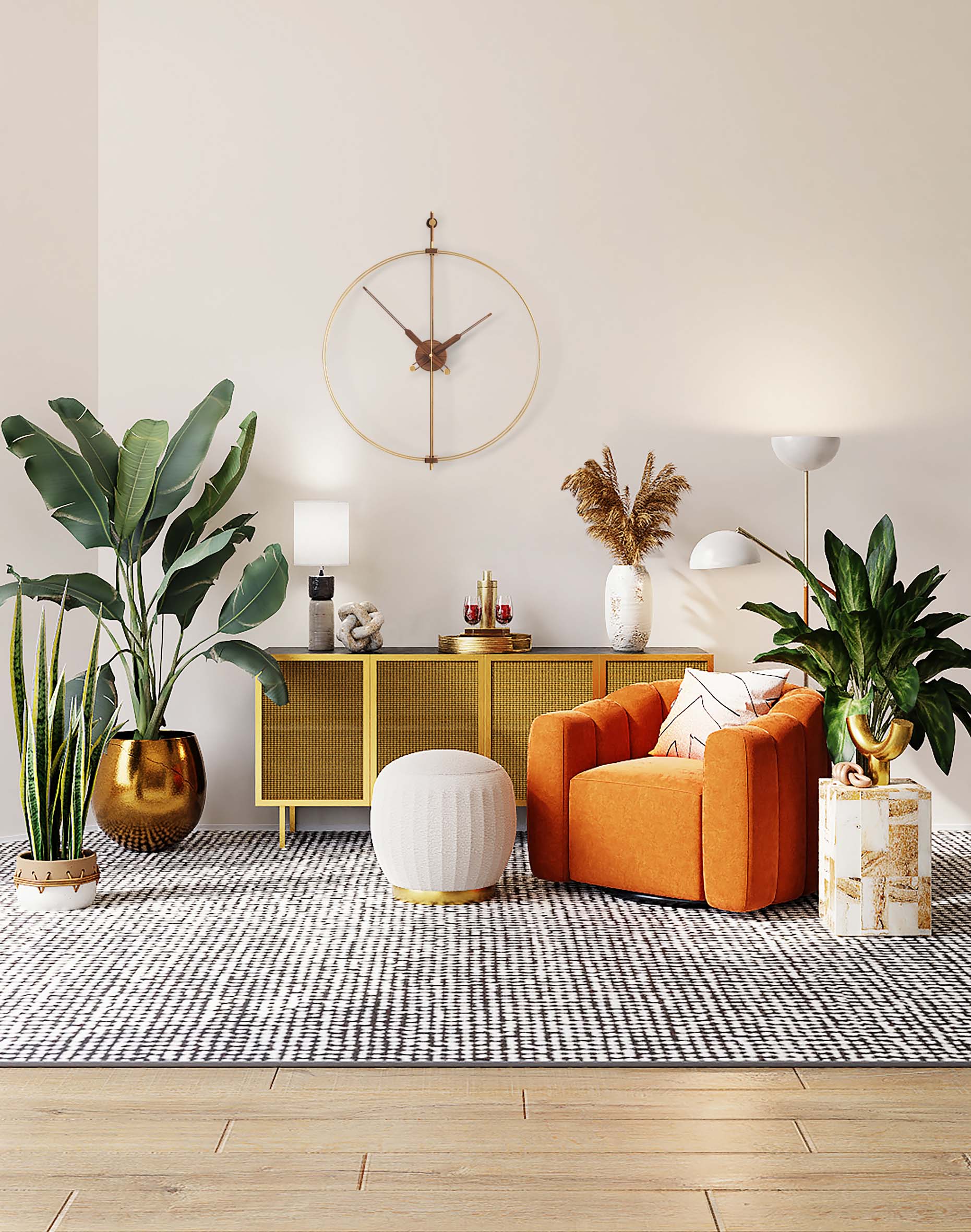 MINI BARCELONA PREMIUM wall clock walnut wood with brass finish