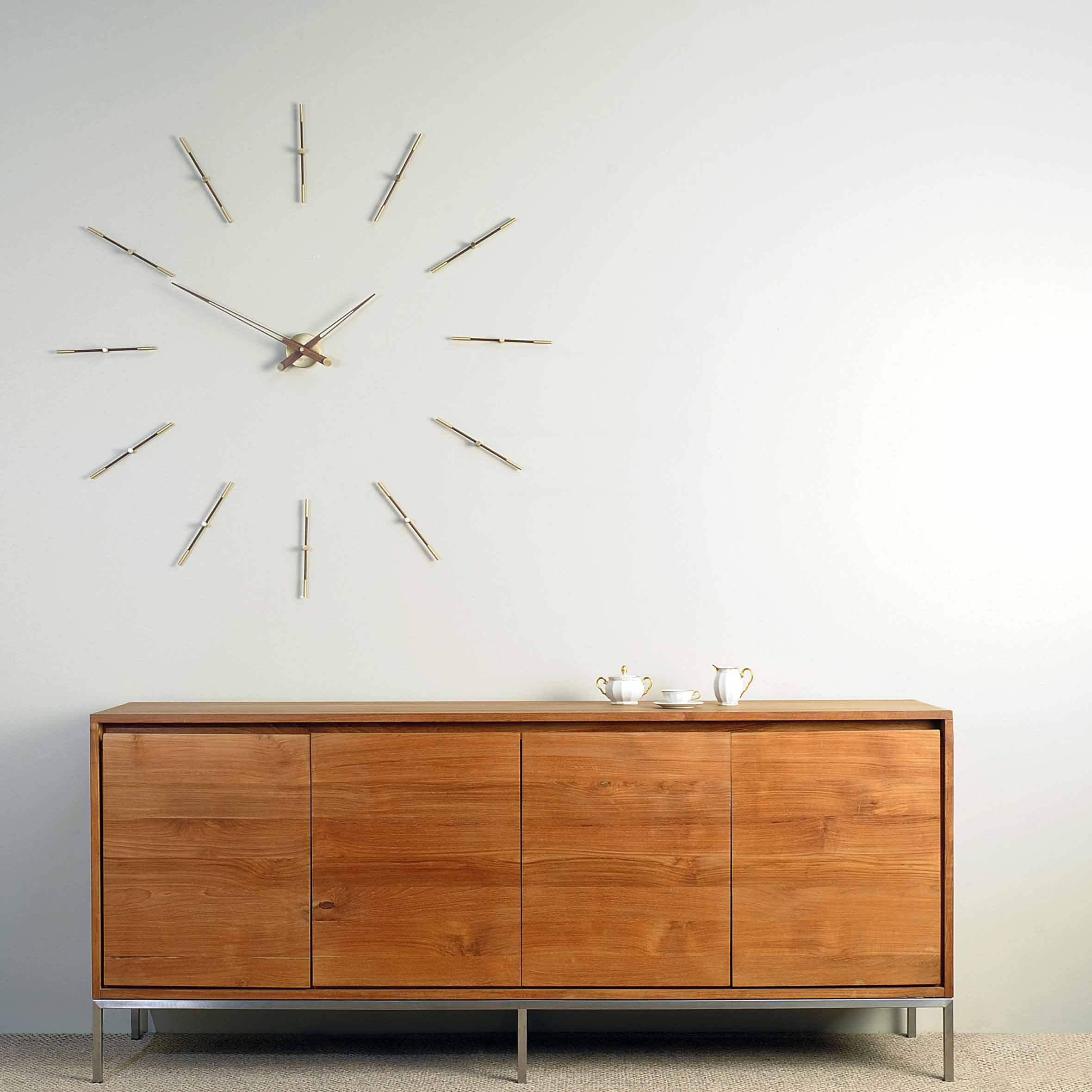 MERLIN wall clock walnut wood with brass finish