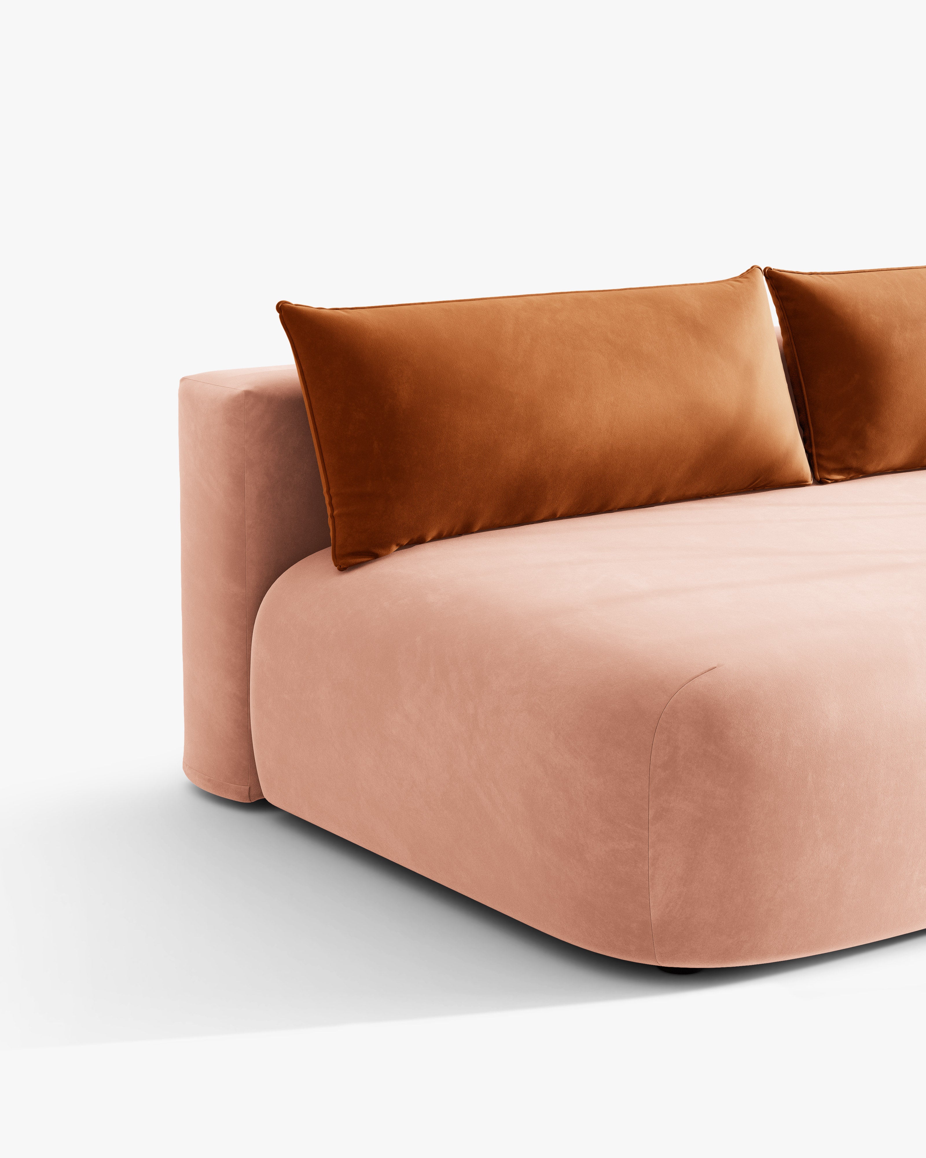 Sofa 3-osobowa aksamitna z funkcją spania HENA różowy z ceglanymi poduszkami