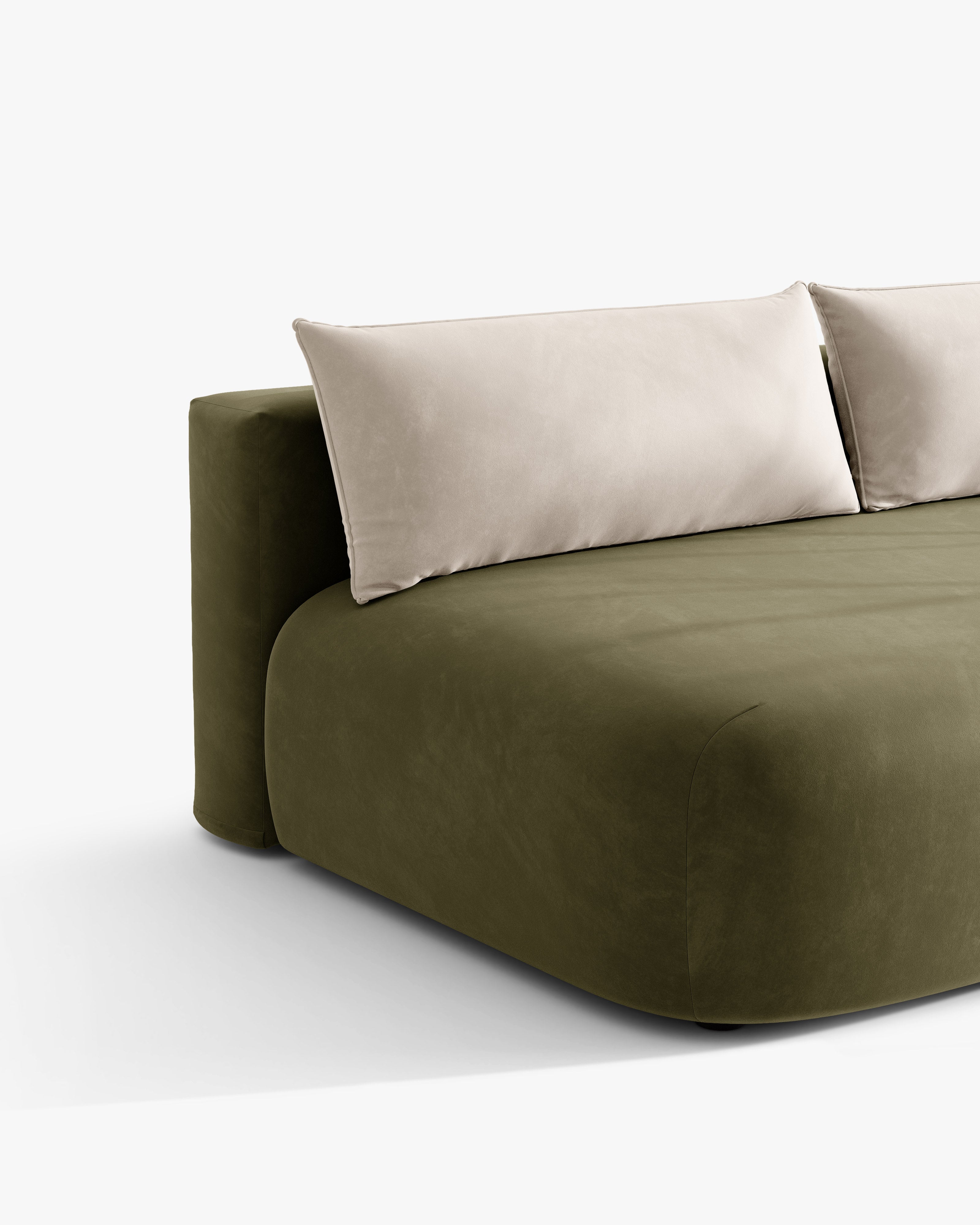 Sofa 3-osobowa aksamitna z funkcją spania HENA zielony z beżowymi poduszkami