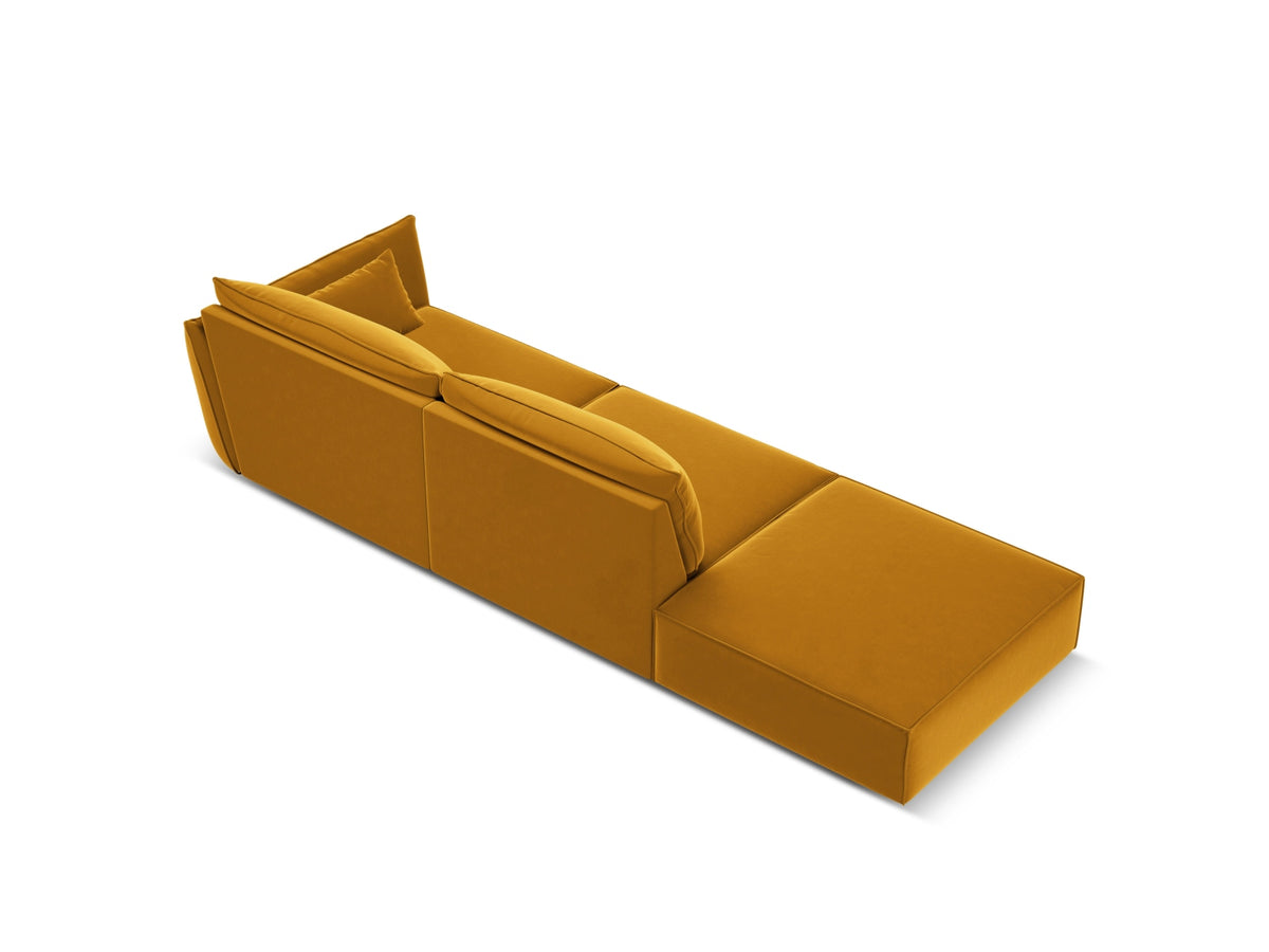 Sofa aksamitna z otomaną lewostronną 4-osobowa KAELLE żółty – ujęcie tylne
