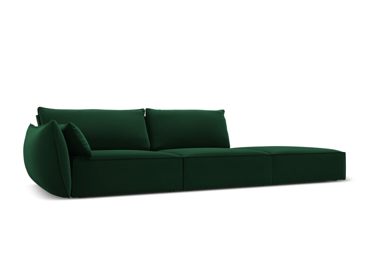 Sofa aksamitna z otomaną prawostronną 4-osobowa KAELLE butelkowa zieleń – ujęcie boczne