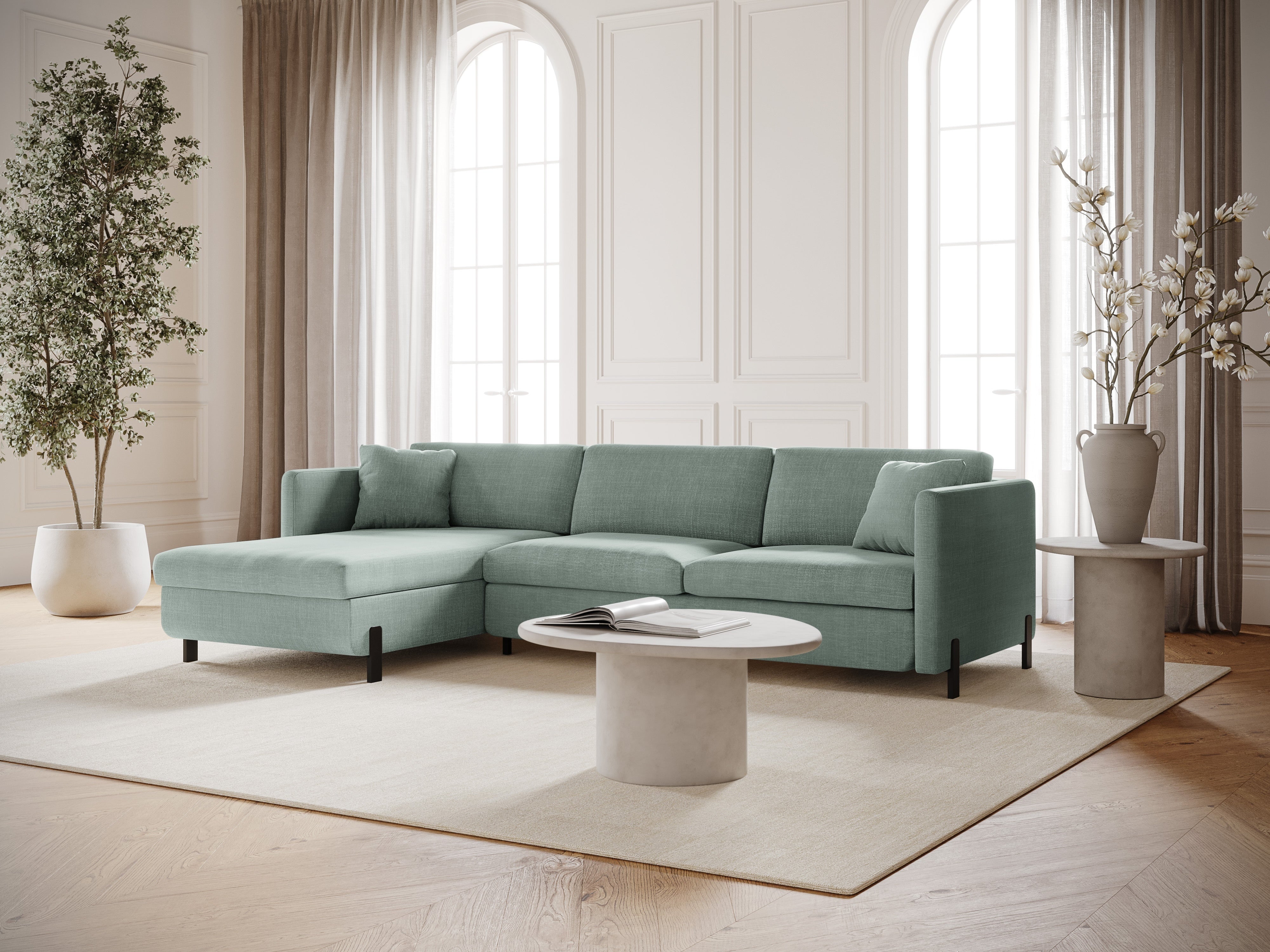 Linke Ecksofa mit Bettfunktion und Schachtel, "Gloria", 5 Sitze, Minze, 280x170x80
In Europa gemacht
