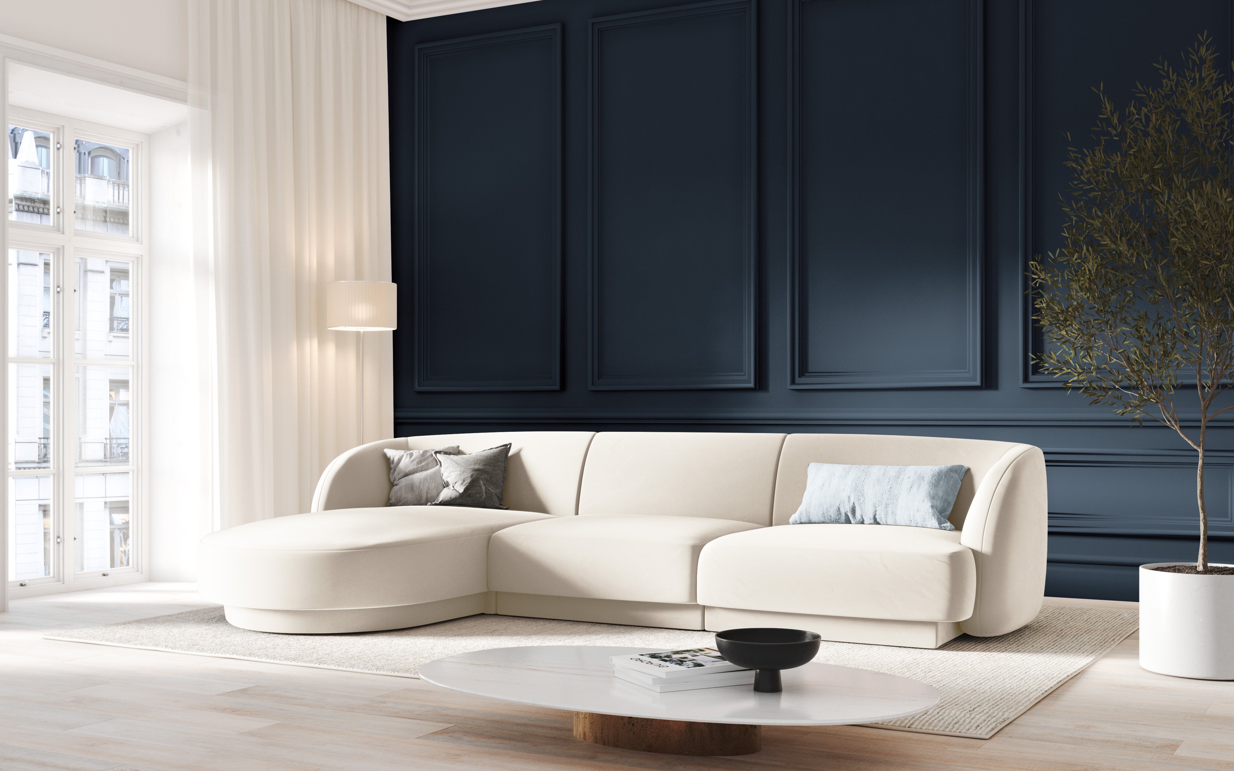 Rechtsseitige 6-sitzige Eckcouch MILEY beige Chenille