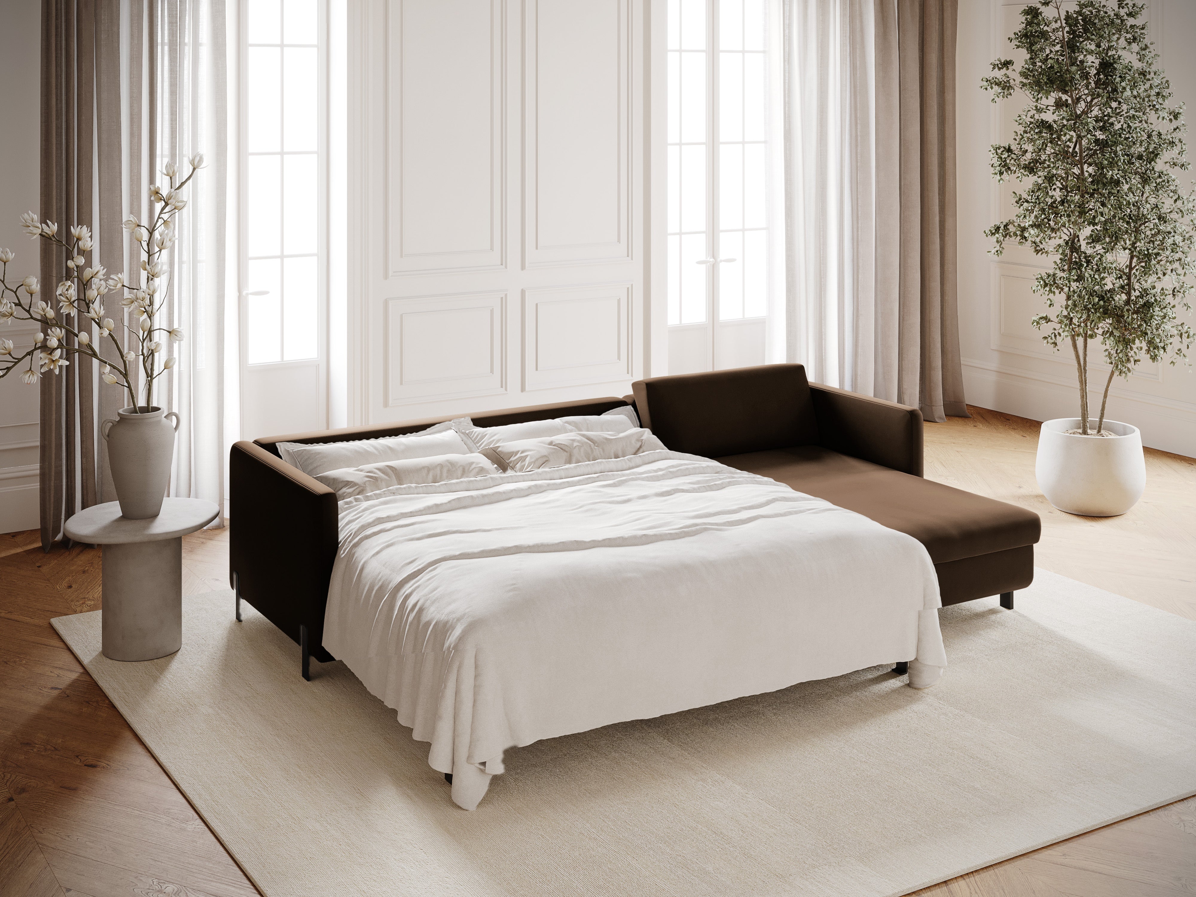 Samtrechte Ecksofa mit Bettfunktion, "Gloria", 5 Sitze, Schokolade, 280x170x80
In Europa gemacht