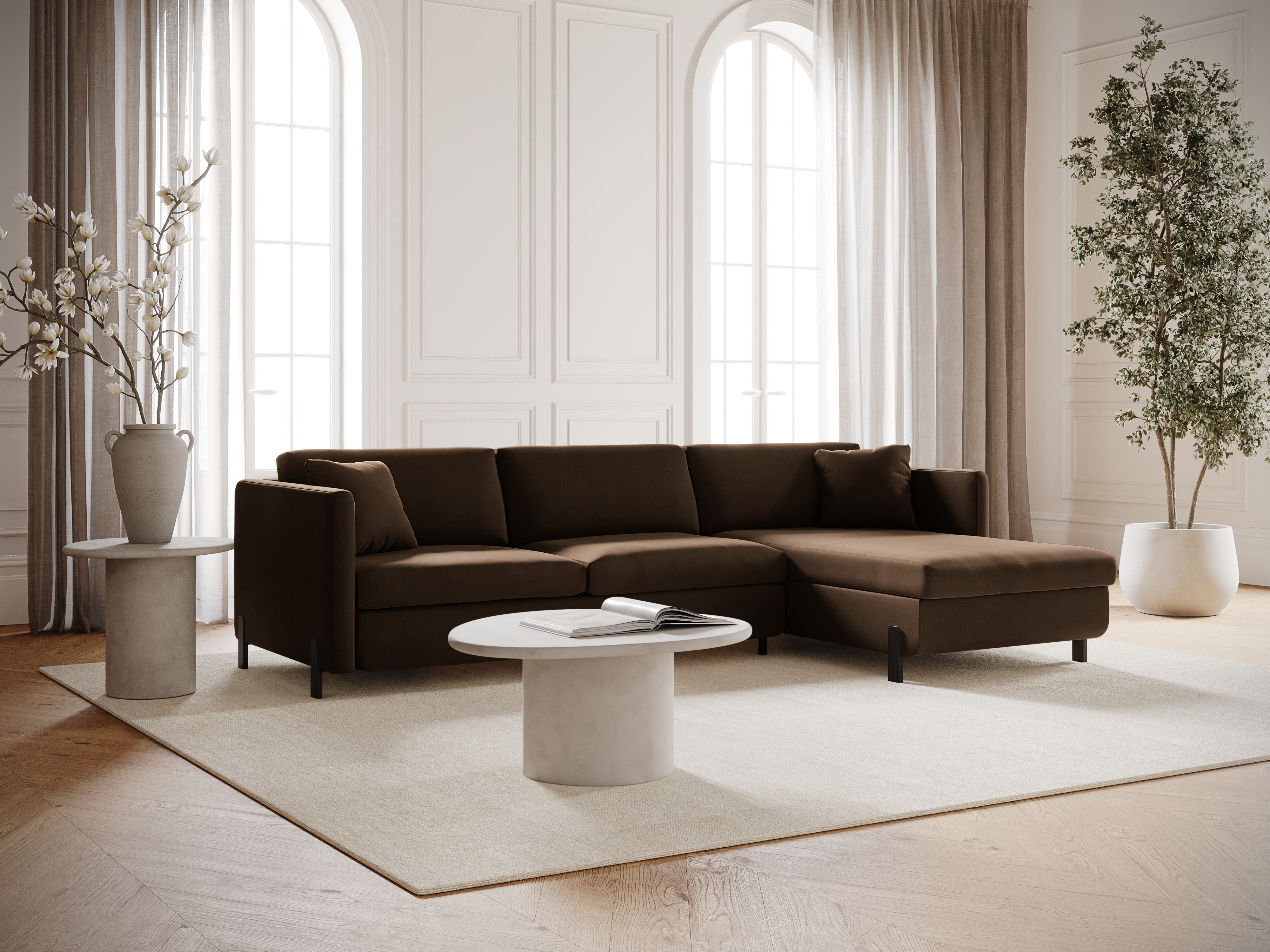 Velvet Right Corner Sofa with Bed Function, "Gloria", 5 Seats, Chocolate, 280x170x80
Made in Europe