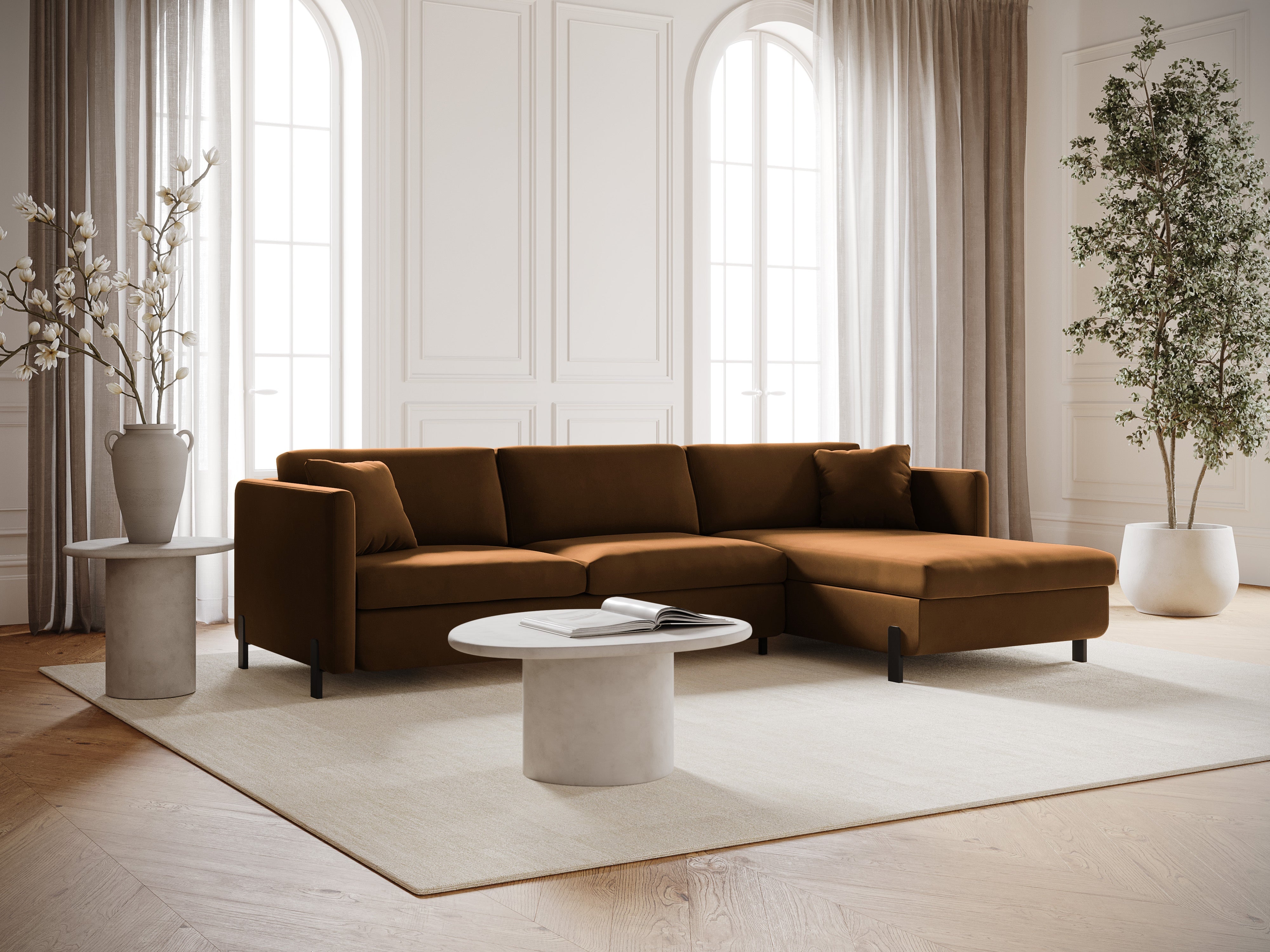 Velvet Right Corner Sofa with Bed Function, "Gloria", 5 Seats, Brown, 280x170x80
Made in Europe