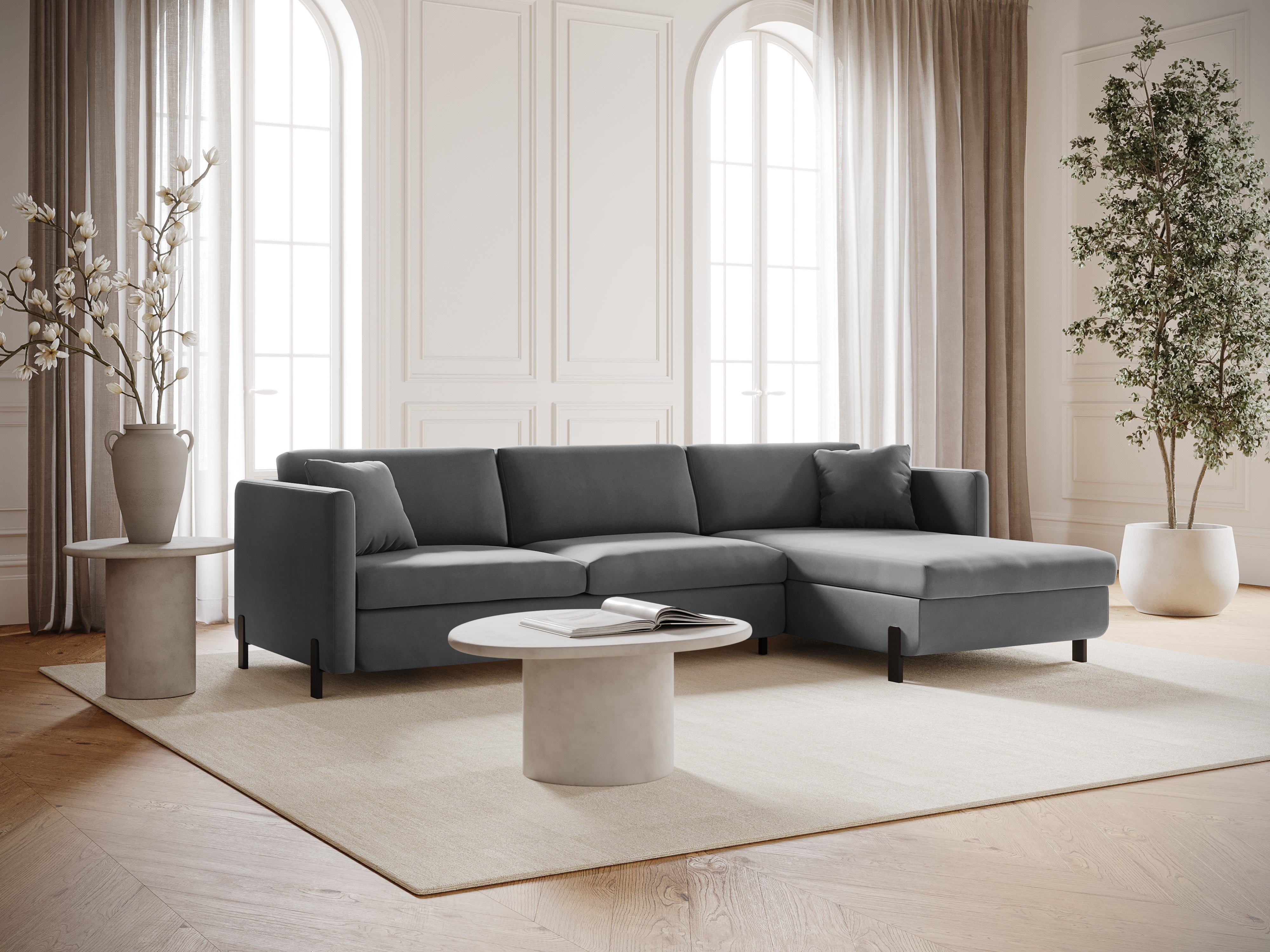 Velvet Right Corner Sofa with Bed Function, "Gloria", 5 Seats, Gray, 280x170x80
Made in Europe