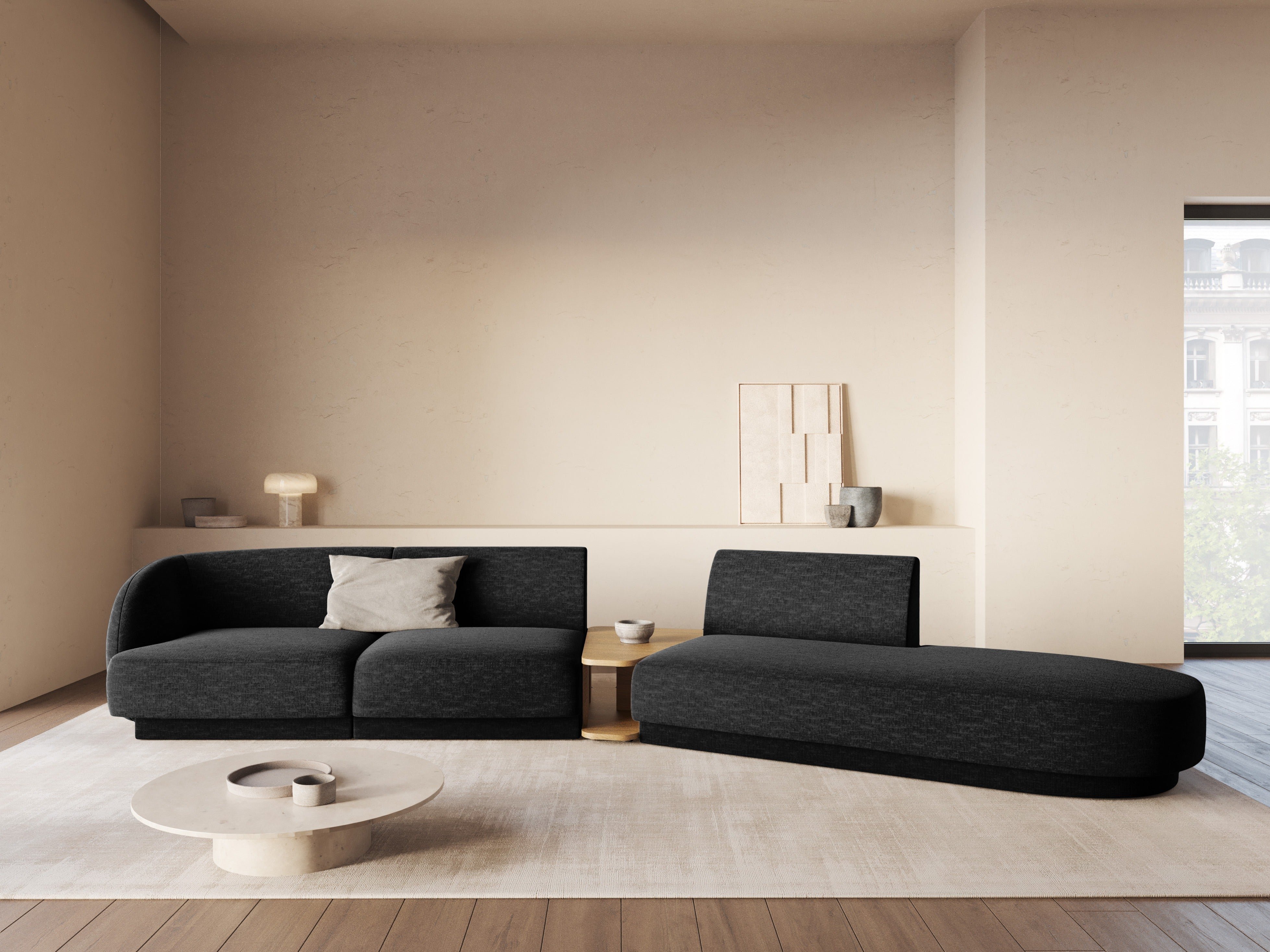 Left-sided modular sofa with table for 4 people MILEY black boucle
