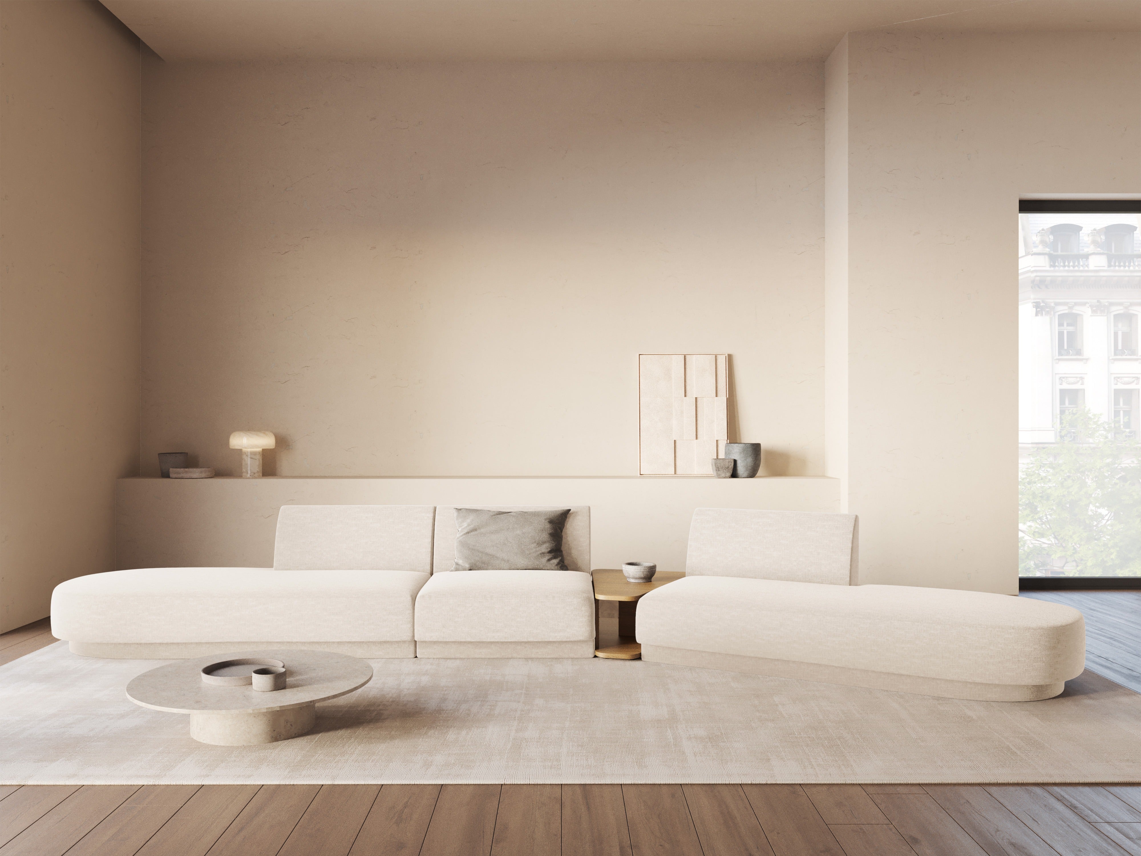 Right-facing modular sofa with table for 5 people MILEY white boucle