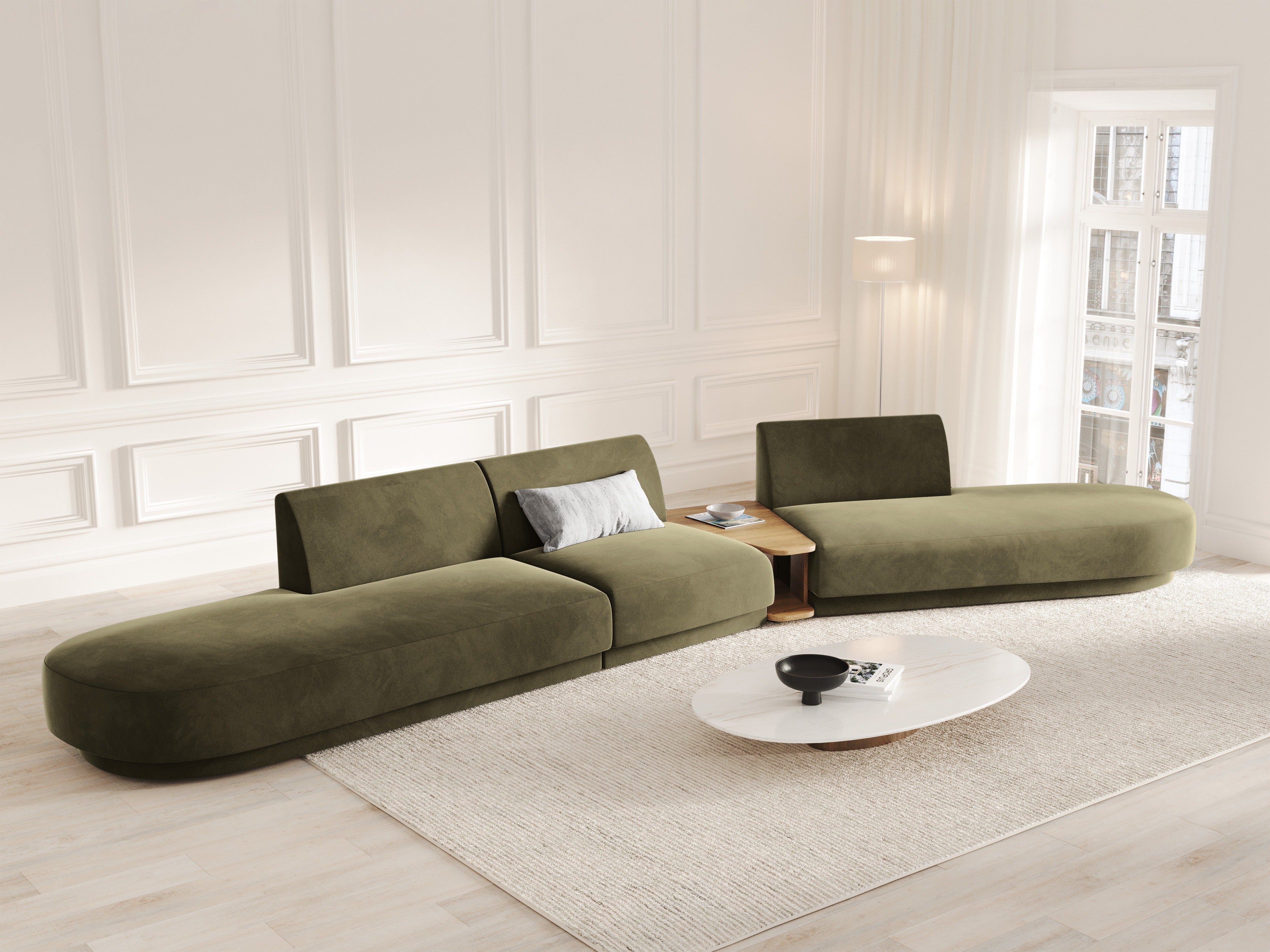 Sofa modułowa prawostronna ze stolikiem 5-osobowa MILEY zielony boucle