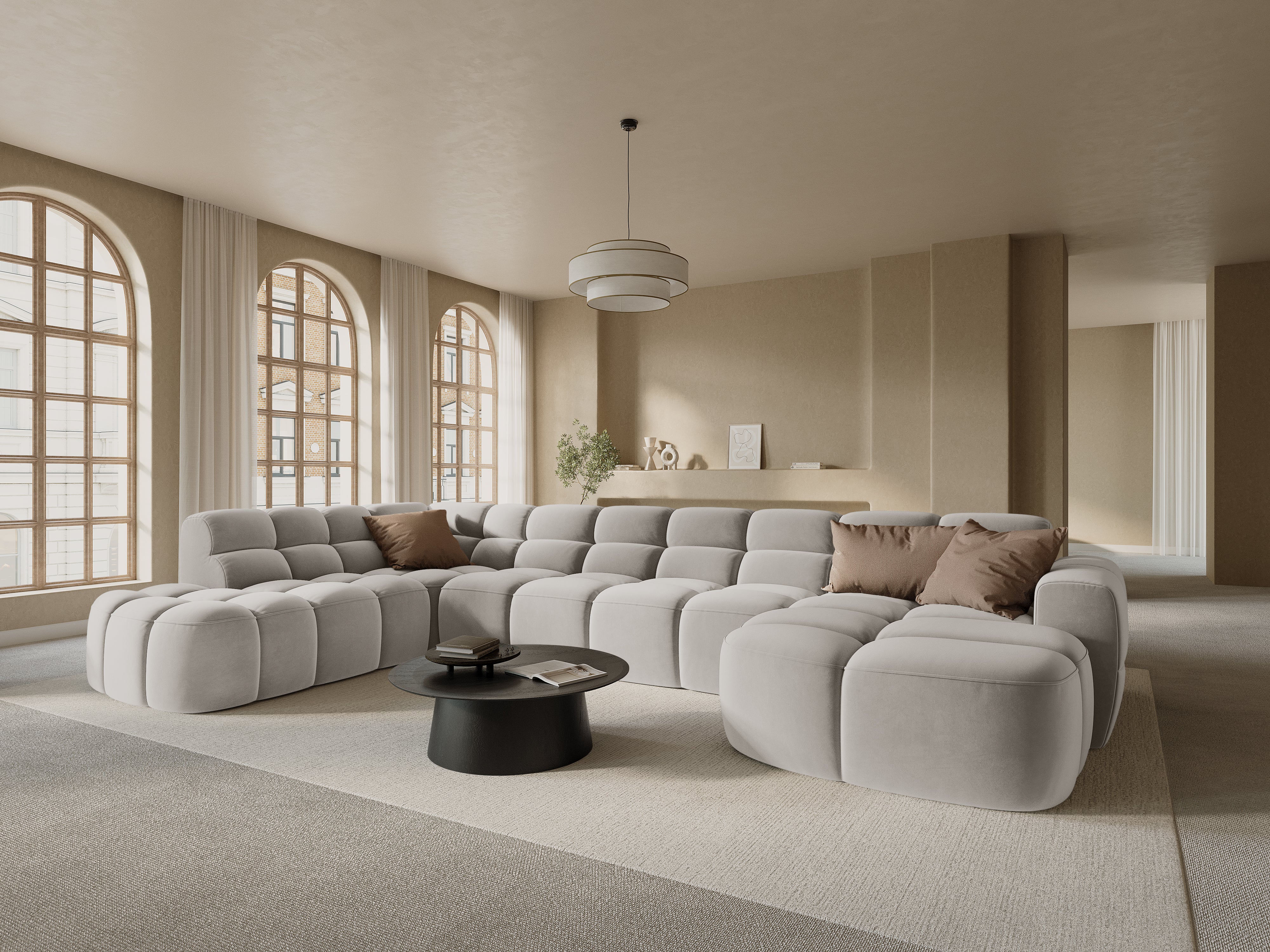 Left-facing panoramic corner sofa LISA light gray chenille