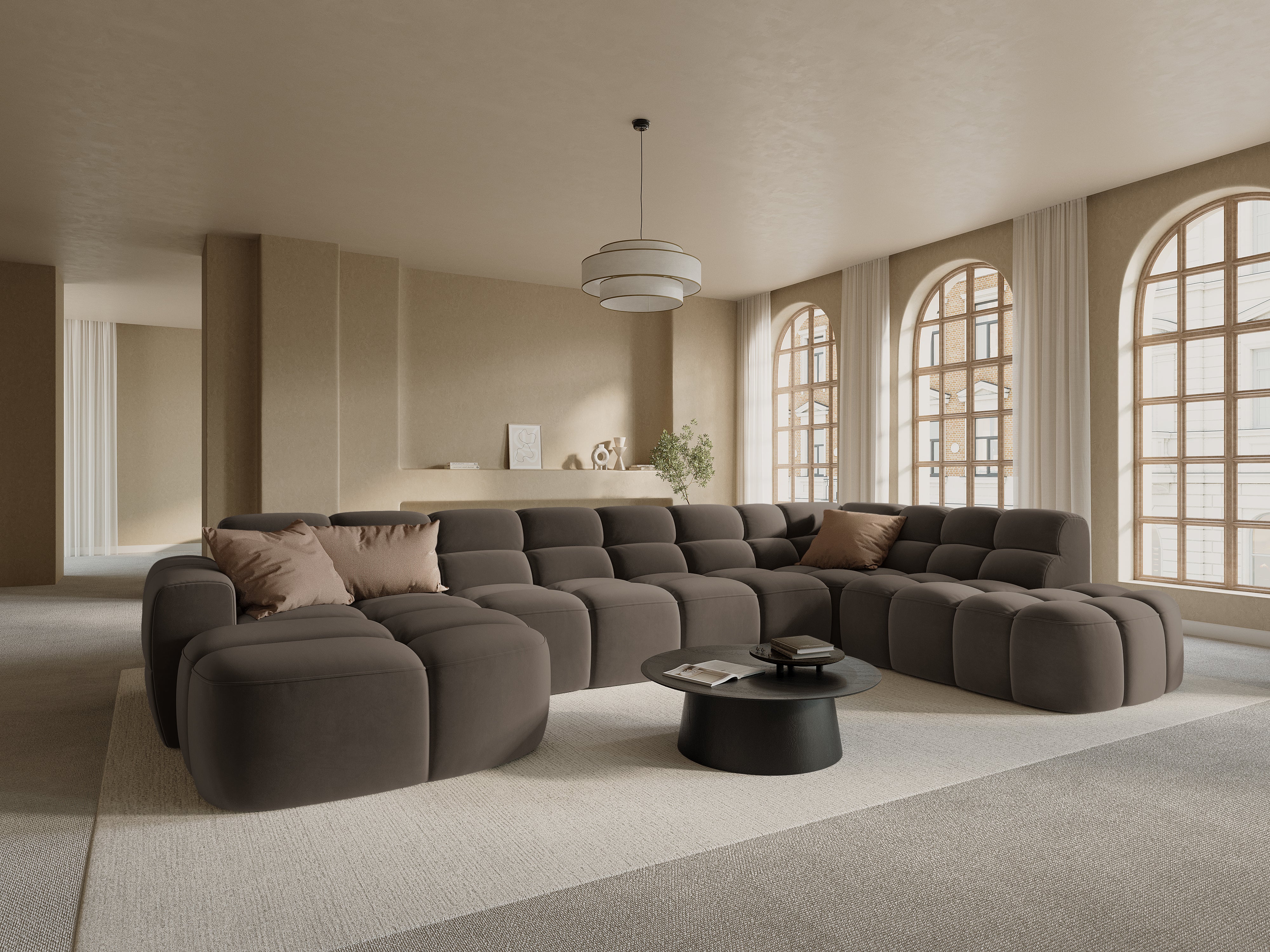 Right-facing panoramic velvet corner sofa LISA light brown