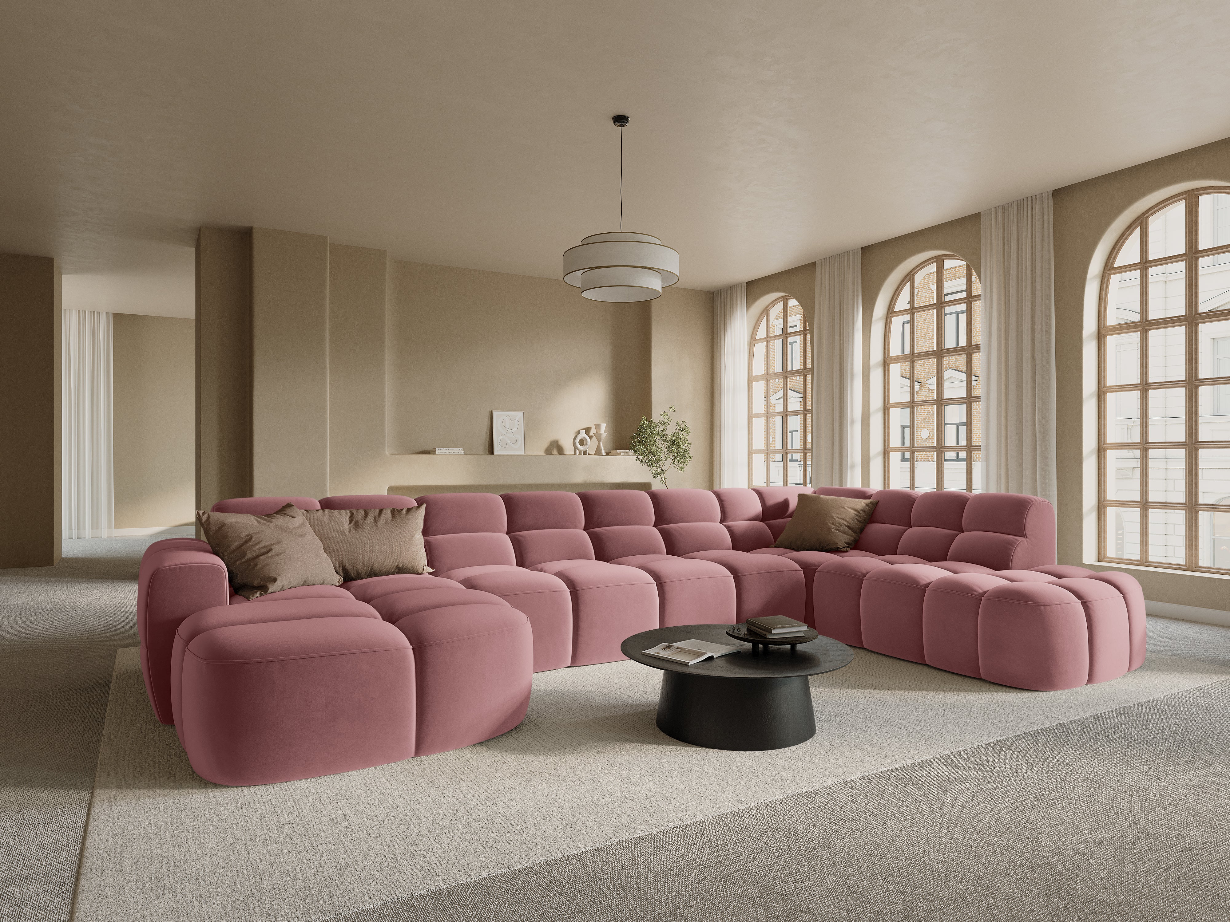 Pink right-facing panoramic velvet corner sofa LISA